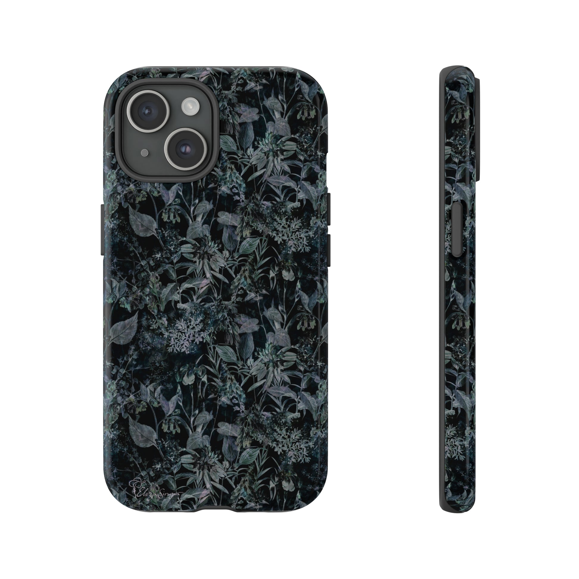Blossom in Style: Botany Floral Dark Flowers Blue Denim iPhone Tough Protective Cover. This case features a Flower and Muted Grey Design, compatible with iPhone 15, 14, 13, XS, XR Pro/Max/Mini/P/Plus. Unleash Nature's Beauty with Style and Durability. #ElizaSinger #PhoneCase #FloralDesign