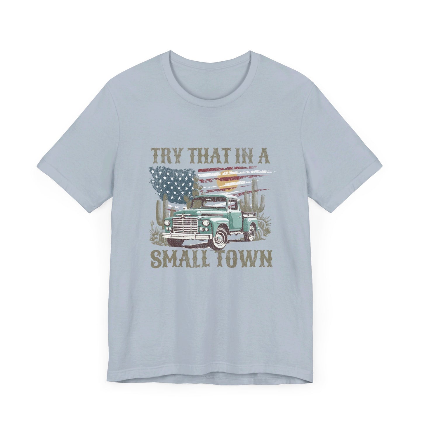 Small Town Pride: Bella Canvas T-shirt with Vintage Pickup and Flag