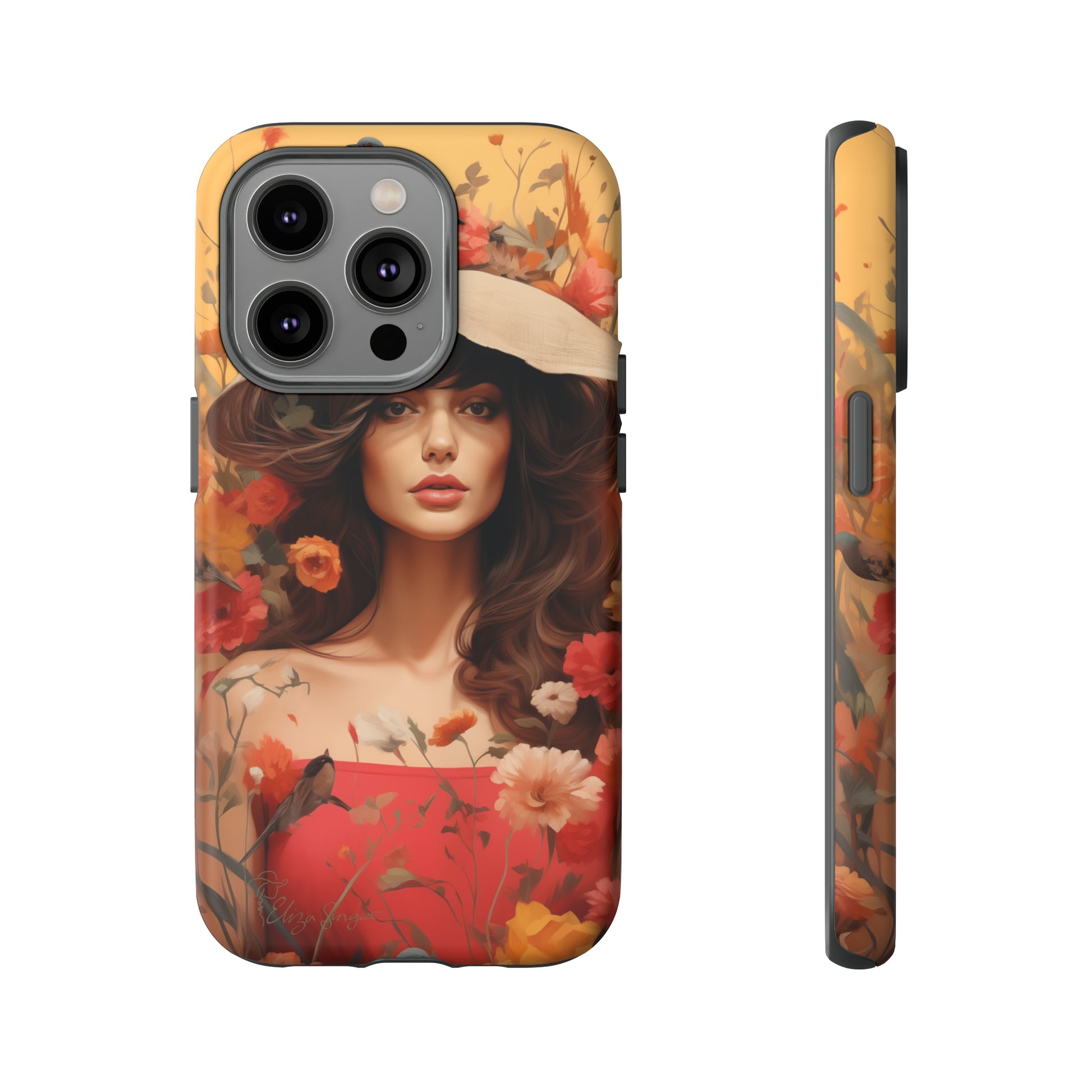 Bask in Sunshine: Embrace the warmth with our Tough Cell Phone Case. A yellow backdrop and a woman in a hat surrounded by flowers create a radiant design. Experience the perfect blend of style and protection, bringing sunshine into your everyday. Elevate your phone with a burst of brightness. #ElizaSinger #PhoneCase #SunshineRadiance