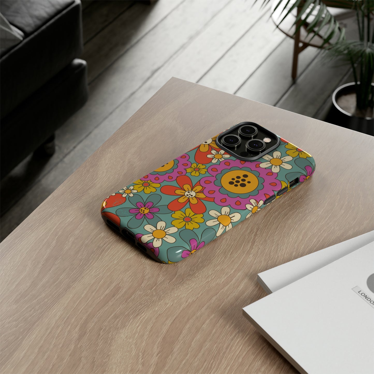 Step into the Groove: Groovy Hippie Hippy Design iPhone Tough Protective Cover. A nod to the 60's with Daisy Design in Turquoise and Pink. Compatible with iPhone 15, 14, 13, XS, XR Pro/Max/Mini/P/Plus. Embrace Retro Vibes with Style and Durability. #ElizaSinger #PhoneCase #GroovyDesign 