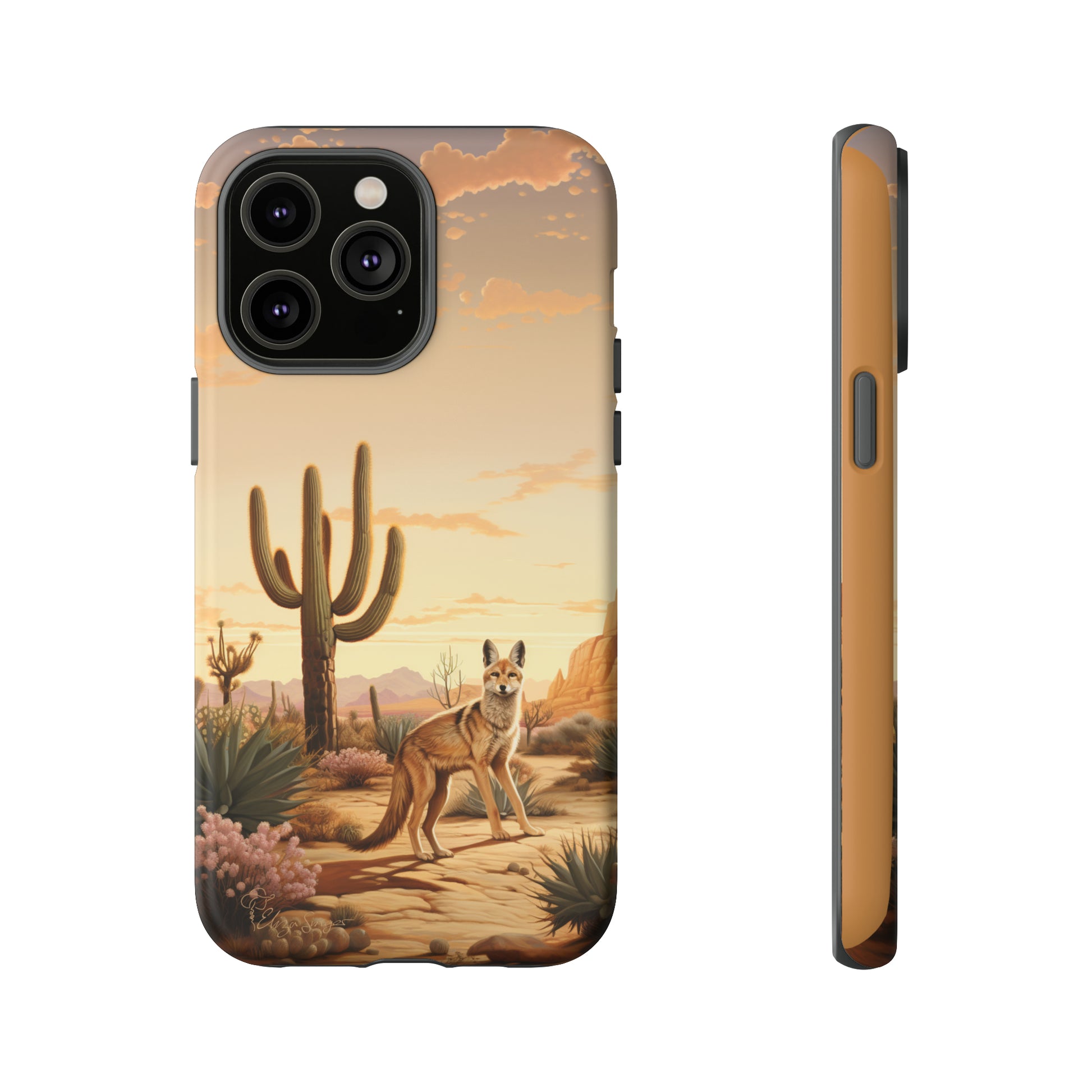 Unveiling our Western Tough Cell Phone Case: Dusk Jackal Oasis Edition! Witness the beauty of dusk with a jackal in a desert landscape next to a cactus. This design offers both rugged protection and a touch of twilight elegance.
