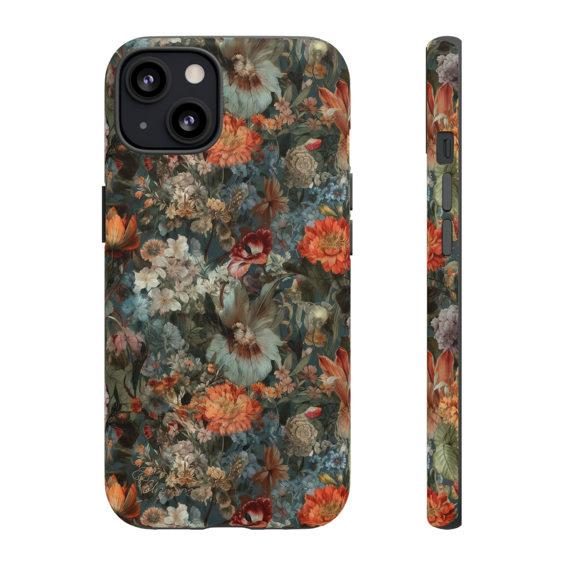 Blooms in Shadows: Botany Floral Dark Flowers iPhone Tough Protective Cover. A captivating blend of Flowers in muted colors, compatible with iPhone 15, 14, 13, XS, XR Pro/Max/Mini/P/Plus. Unleash Nature's Elegance with Durability and Style. #ElizaSinger #PhoneCase #FloralDesign