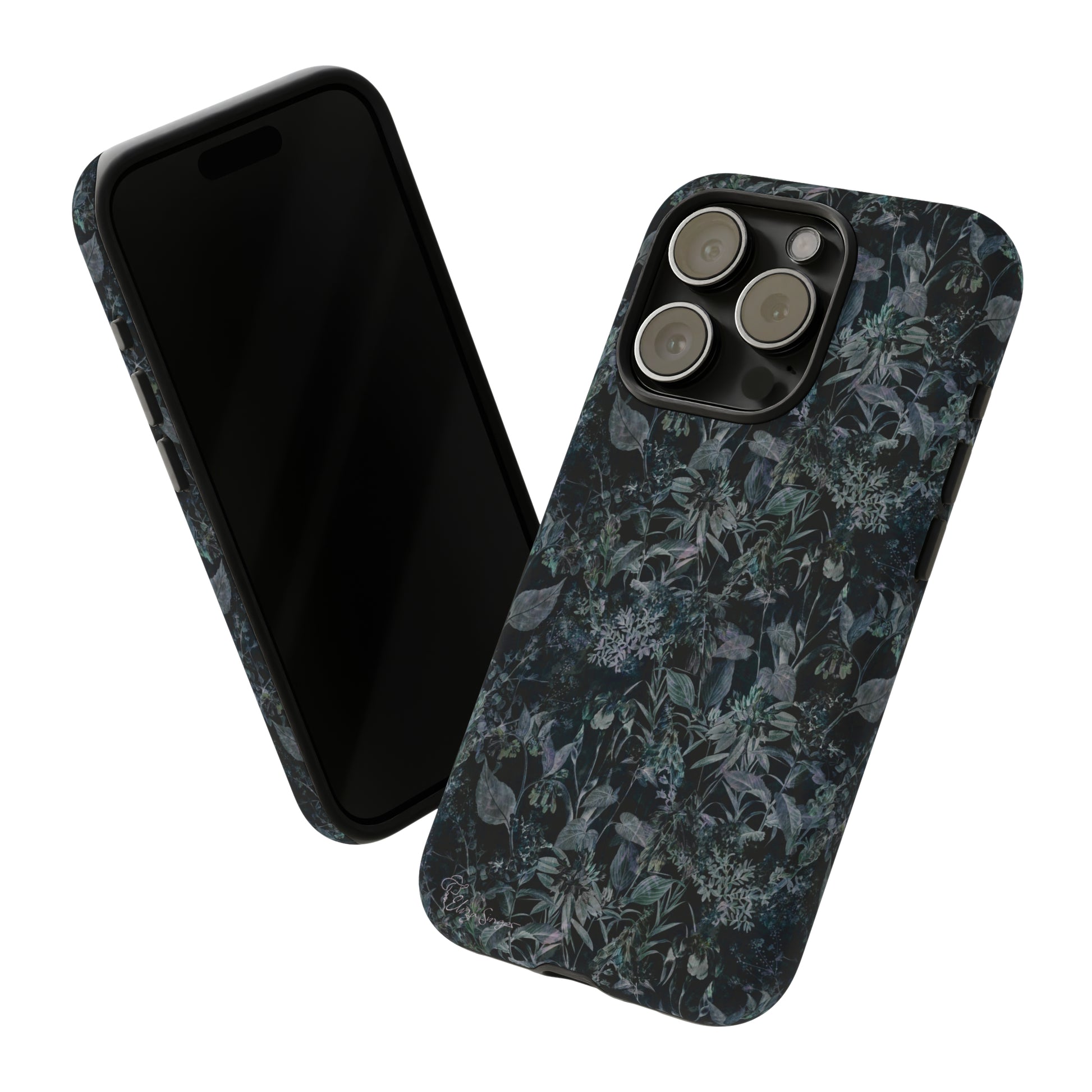 Blossom in Style: Botany Floral Dark Flowers Blue Denim iPhone Tough Protective Cover. This case features a Flower and Muted Grey Design, compatible with iPhone 15, 14, 13, XS, XR Pro/Max/Mini/P/Plus. Unleash Nature's Beauty with Style and Durability. #ElizaSinger #PhoneCase #FloralDesign