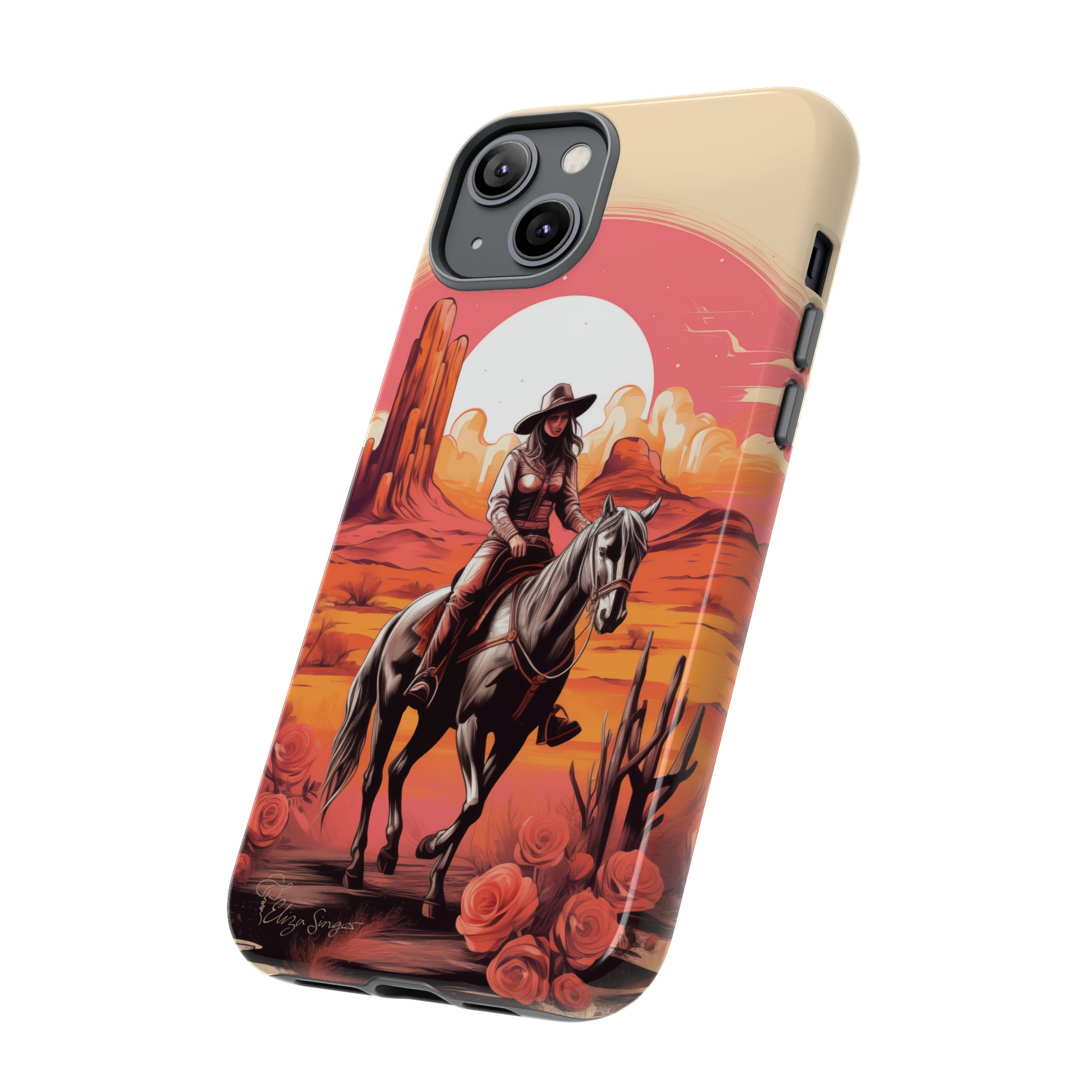 Feminine Adventure Unleashed: Introducing our Tough Western Cell Phone Case, adorned with a stunning design of a cowgirl riding a horse through the desert, surrounded by shades of coral. This unique edition seamlessly combines rugged protection with a touch of feminine flair. Elevate your style with a dash of adventurous charm. #ElizaSinger #PhoneCase #FeminineAdventure 