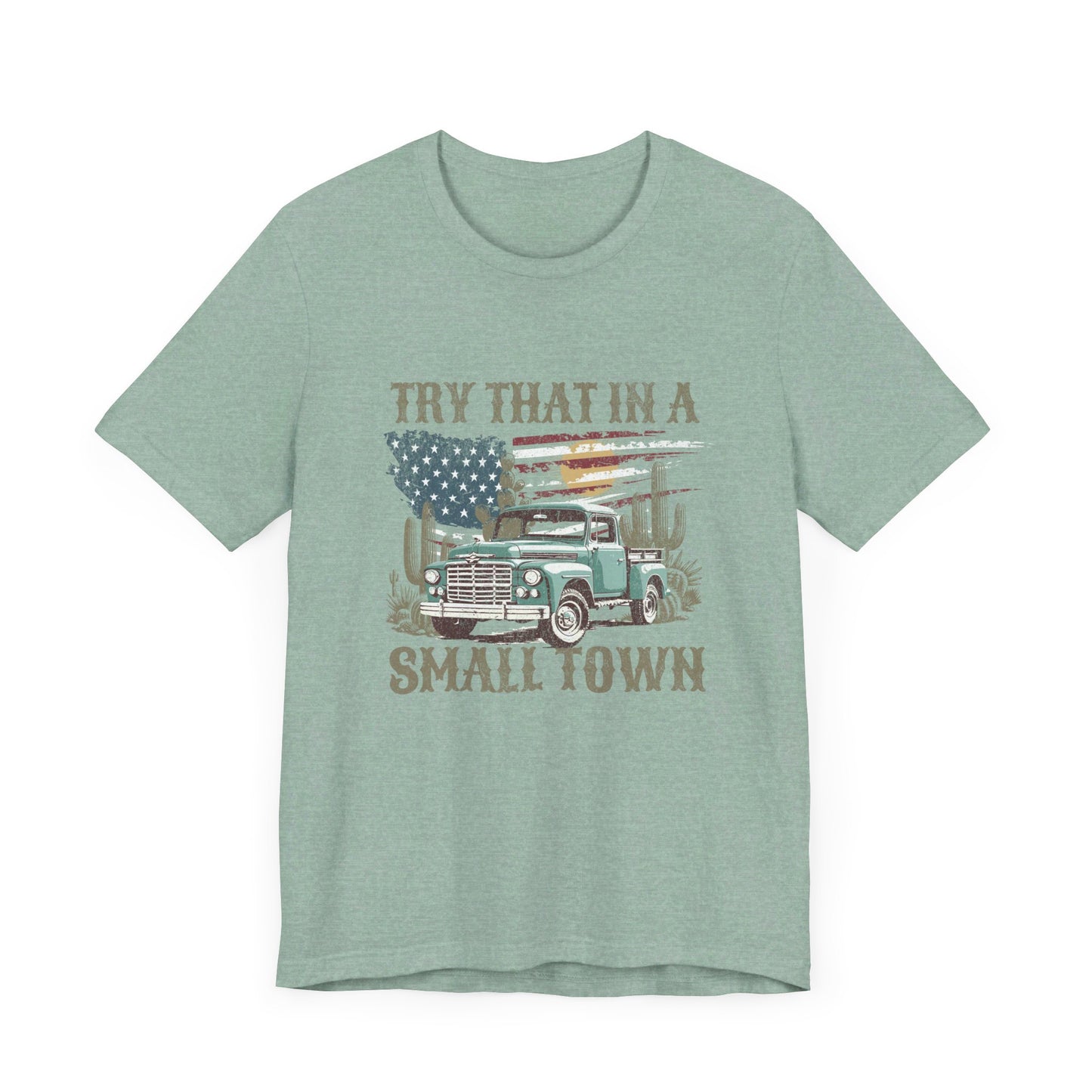 Small Town Pride: Bella Canvas T-shirt with Vintage Pickup and Flag