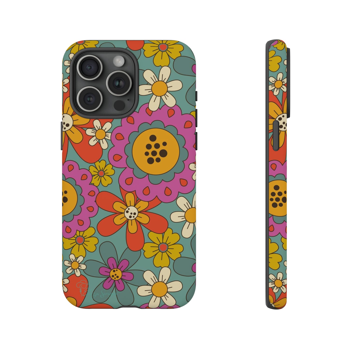 Step into the Groove: Groovy Hippie Hippy Design iPhone Tough Protective Cover. A nod to the 60's with Daisy Design in Turquoise and Pink. Compatible with iPhone 15, 14, 13, XS, XR Pro/Max/Mini/P/Plus. Embrace Retro Vibes with Style and Durability. #ElizaSinger #PhoneCase #GroovyDesign 