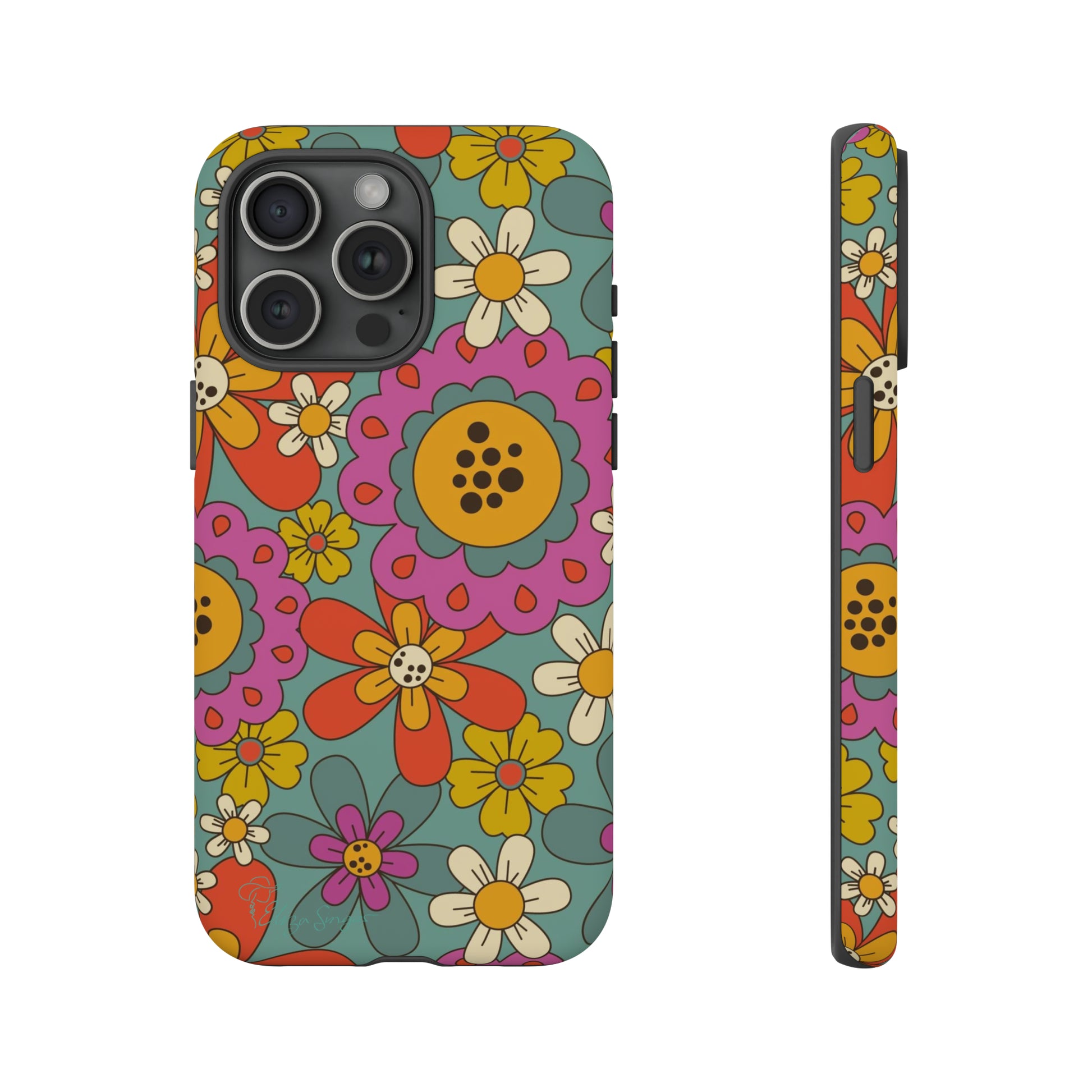 Step into the Groove: Groovy Hippie Hippy Design iPhone Tough Protective Cover. A nod to the 60's with Daisy Design in Turquoise and Pink. Compatible with iPhone 15, 14, 13, XS, XR Pro/Max/Mini/P/Plus. Embrace Retro Vibes with Style and Durability. #ElizaSinger #PhoneCase #GroovyDesign 