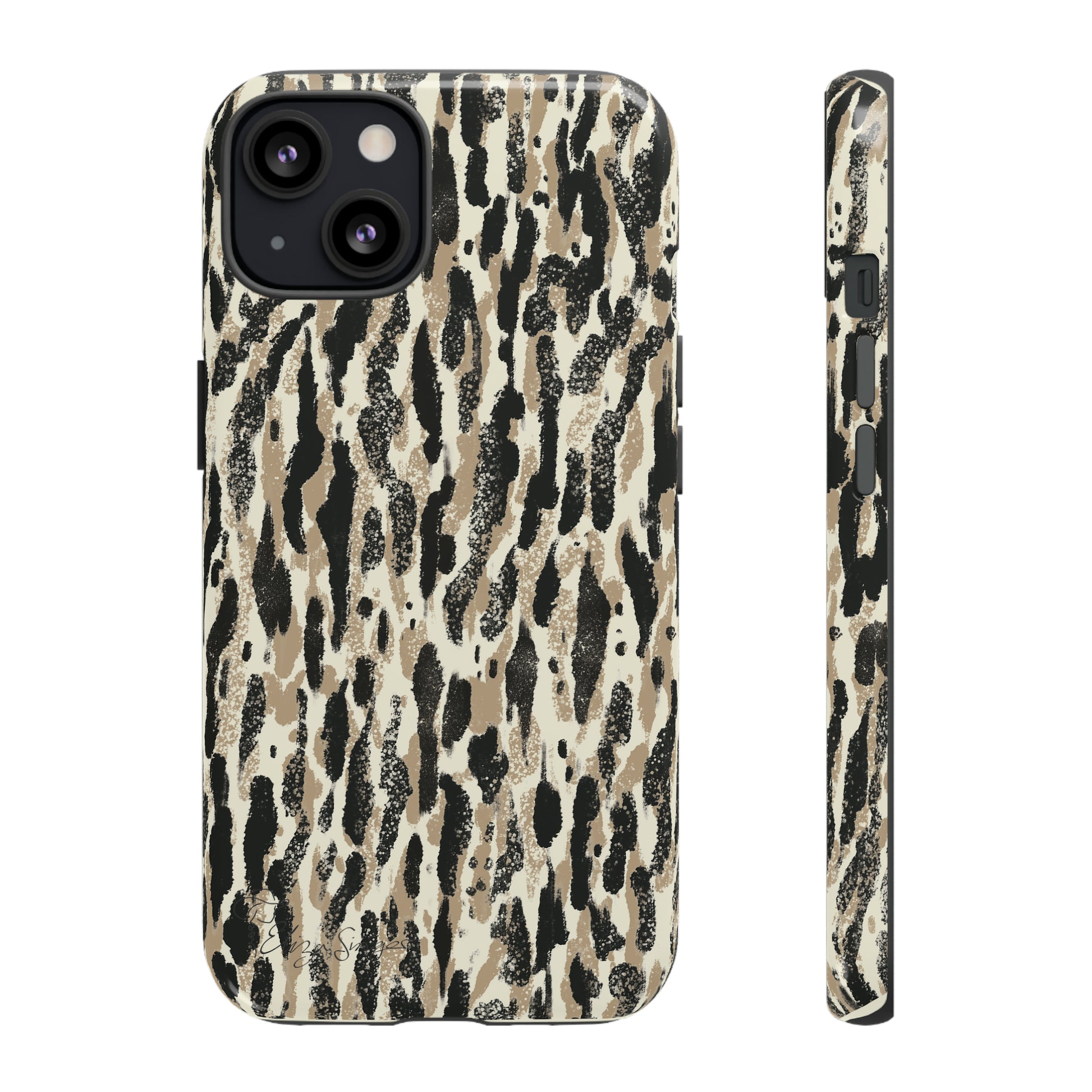 Elevate Your Tech: Abstract Neutral Animal Print iPhone Tough Protective Cover. Leopard-Painted Design in Beige and Black. Compatible with iPhone 15, 14, 13, XS, XR Pro/Max/Mini/P/Plus. Unleash the Wild with Style and Durability. #ElizaSinger #PhoneCase #LeopardPrint 