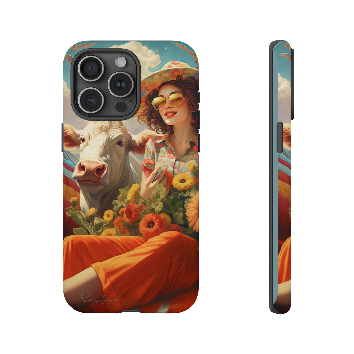 Timeless Retro Charm: Step back in time with our Tough Western Cell Phone Case. Featuring a vintage and bright design, a woman in a hat with daisies is accompanied by a cow looking over her shoulder. Experience the perfect blend of retro aesthetics and durability. Elevate your style with a touch of nostalgia. #ElizaSinger #PhoneCase #RetroStyle 