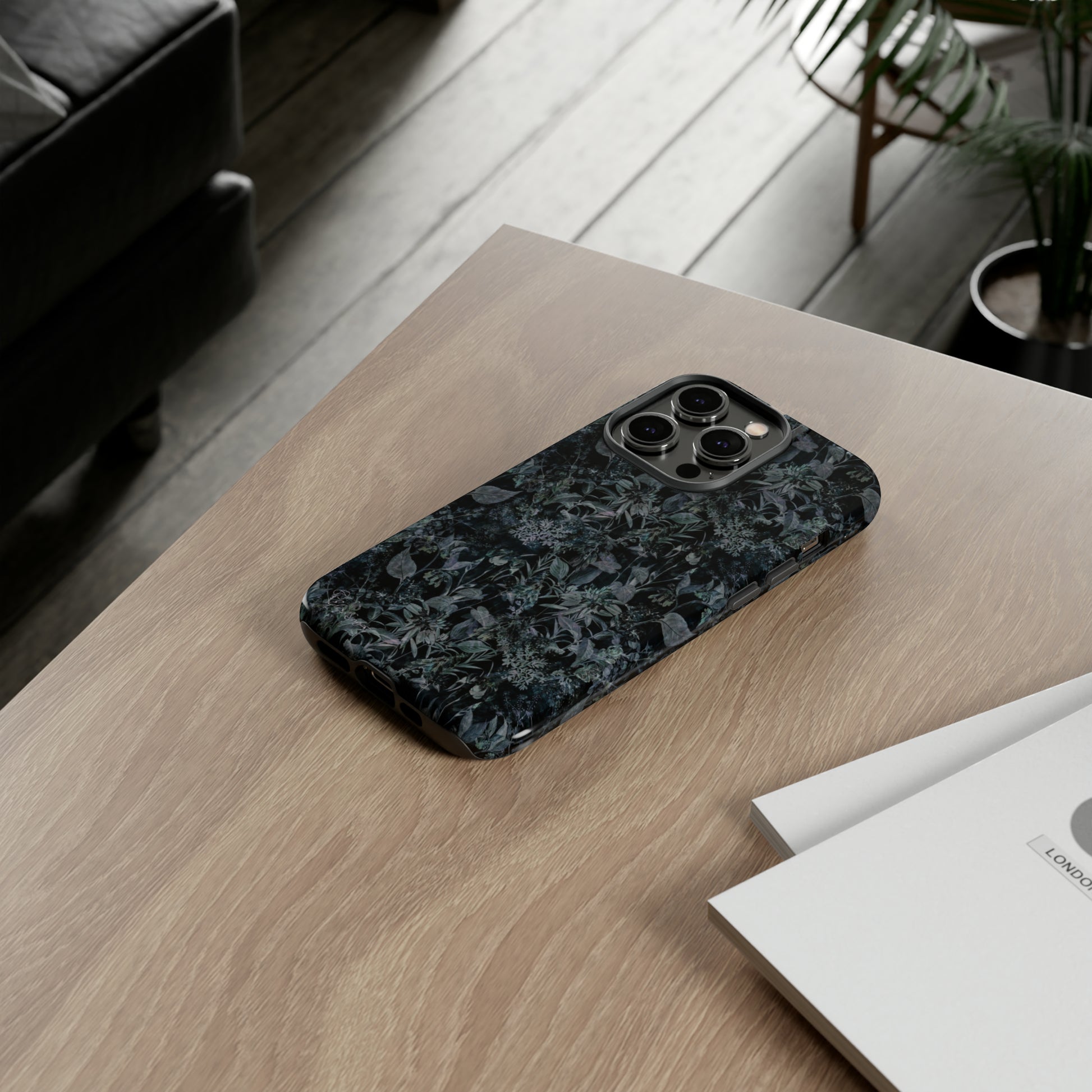 Blossom in Style: Botany Floral Dark Flowers Blue Denim iPhone Tough Protective Cover. This case features a Flower and Muted Grey Design, compatible with iPhone 15, 14, 13, XS, XR Pro/Max/Mini/P/Plus. Unleash Nature's Beauty with Style and Durability. #ElizaSinger #PhoneCase #FloralDesign