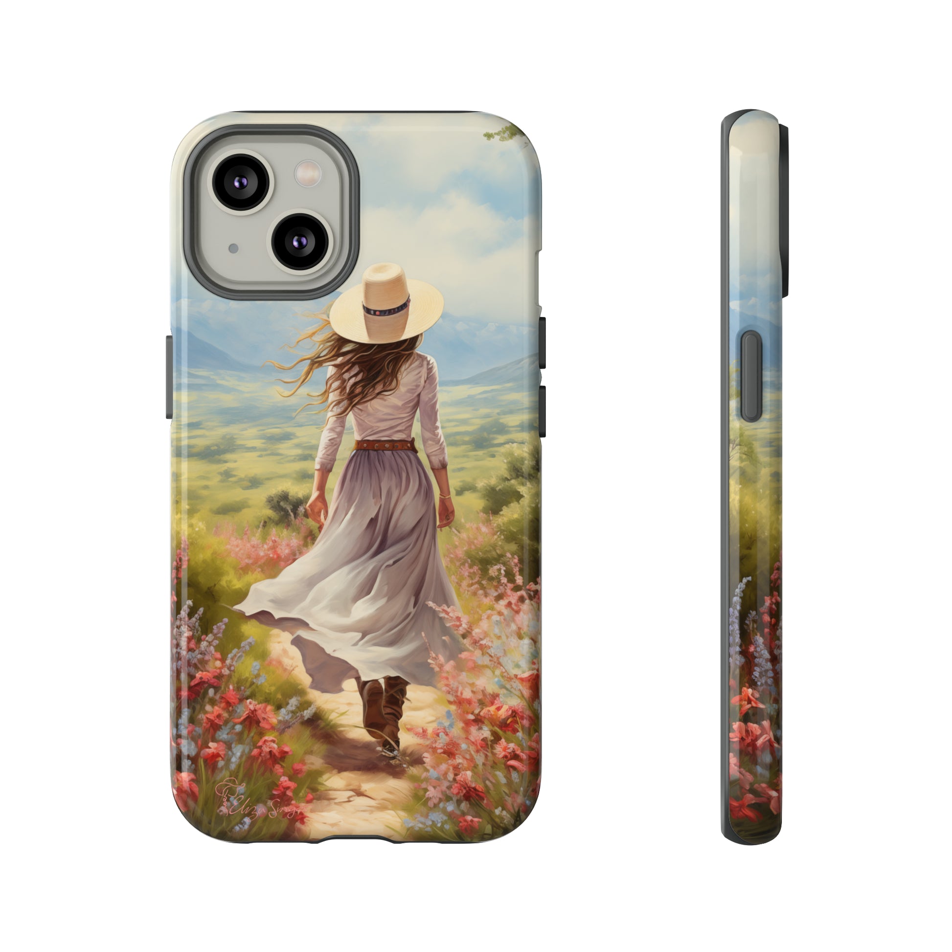 Step into a world of whimsy with our Tough Western Cell Phone Case showcasing a woman in a skirt and hat walking down a small path through a vast field. Delight in the beauty of flowers lining the path while ensuring your phone stays protected with this enchanting edition.