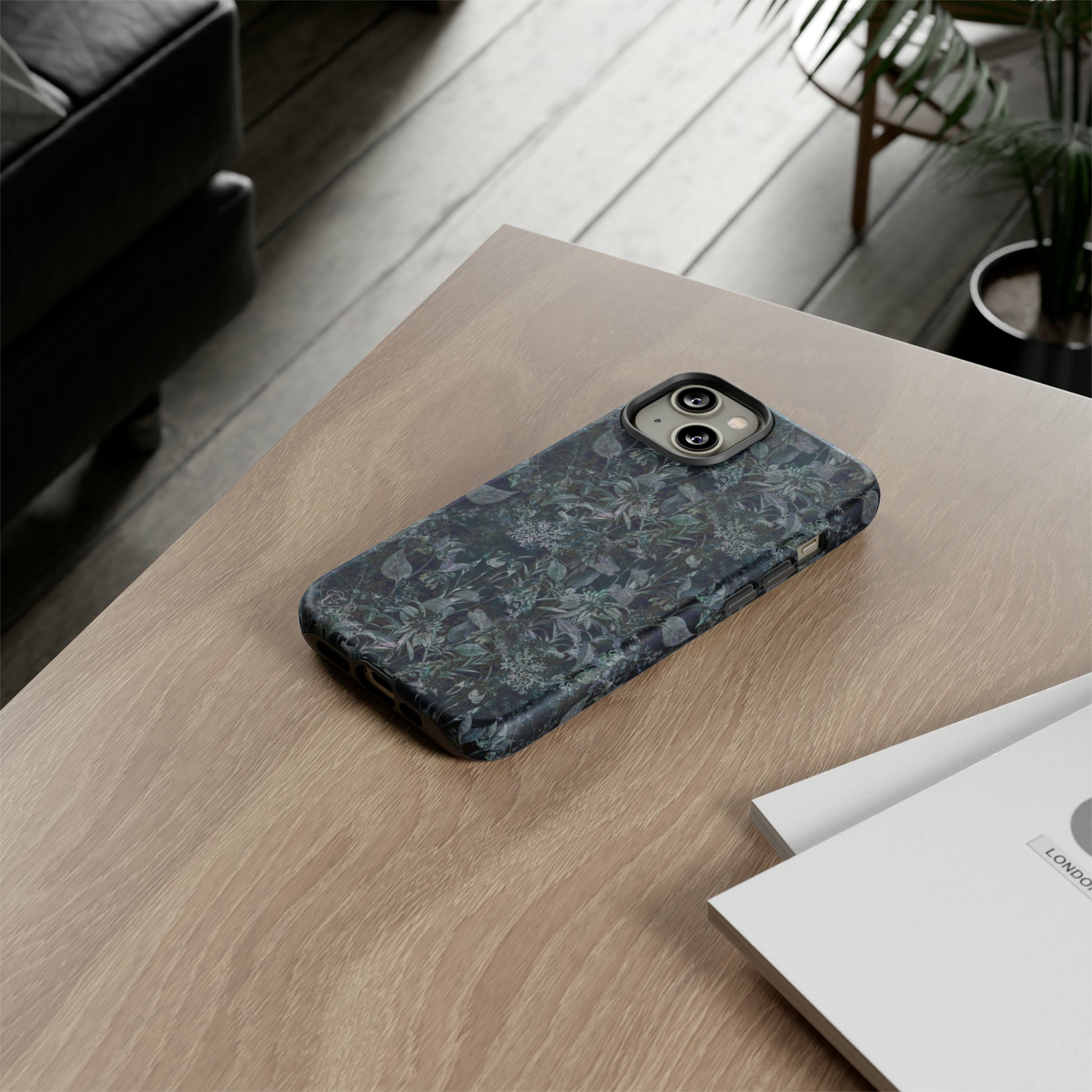 Blossom in Style: Botany Floral Dark Flowers Blue Denim iPhone Tough Protective Cover. This case features a Flower and Muted Grey Design, compatible with iPhone 15, 14, 13, XS, XR Pro/Max/Mini/P/Plus. Unleash Nature's Beauty with Style and Durability. #ElizaSinger #PhoneCase #FloralDesign