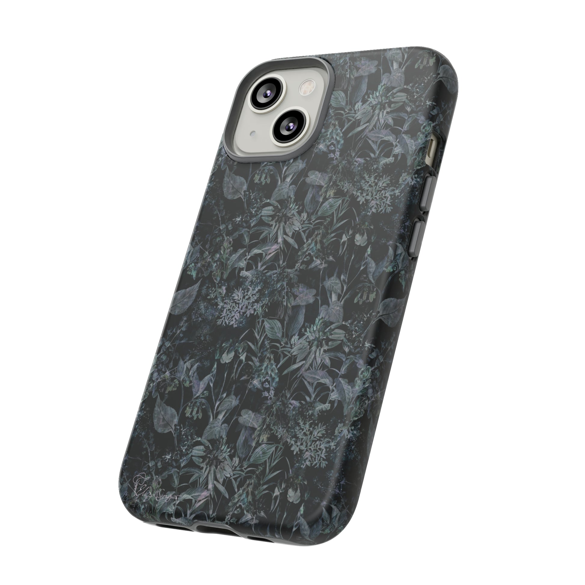 Blossom in Style: Botany Floral Dark Flowers Blue Denim iPhone Tough Protective Cover. This case features a Flower and Muted Grey Design, compatible with iPhone 15, 14, 13, XS, XR Pro/Max/Mini/P/Plus. Unleash Nature's Beauty with Style and Durability. #ElizaSinger #PhoneCase #FloralDesign