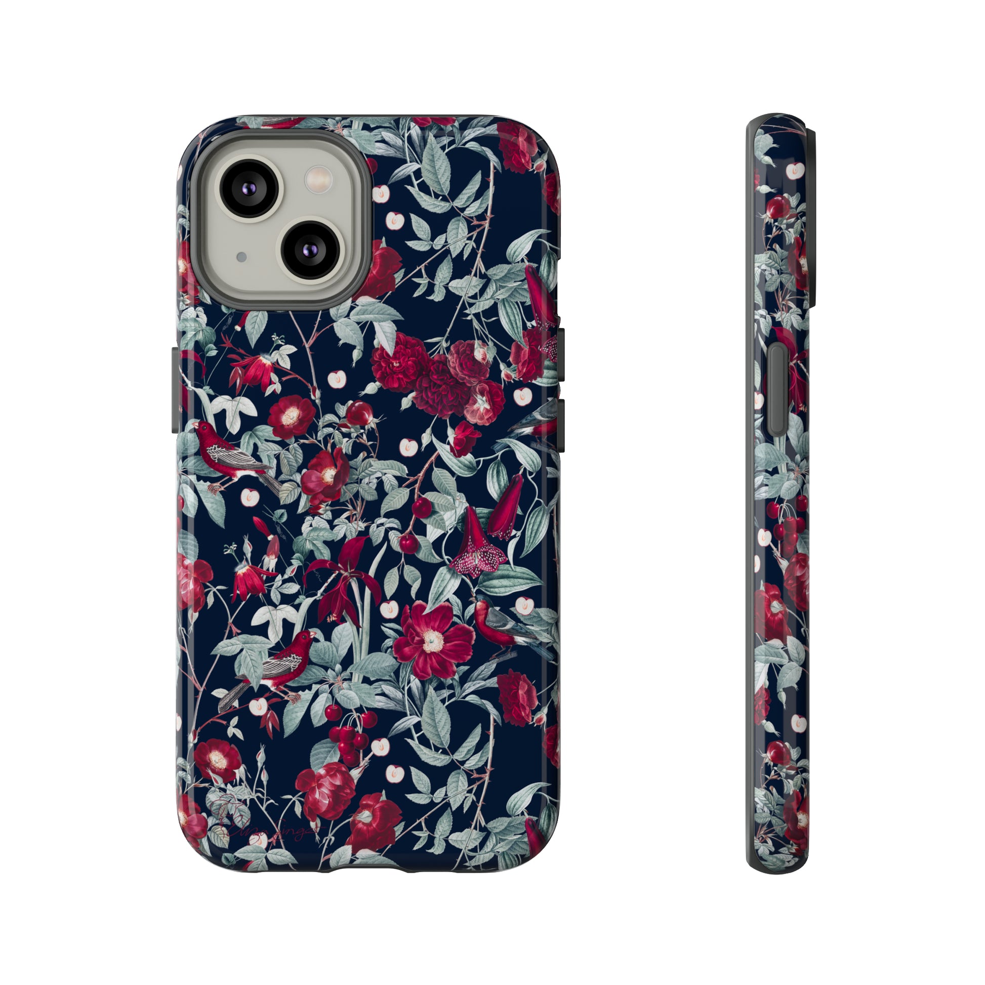 Blossom Serenade: Cherry Blossom Serenade Burgundy Navy Dark iPhone Tough Protective Cover. A captivating blend of Flowers in burgundy and navy hues, featuring a muted design. Compatible with iPhone 15, 14, 13, XS, XR Pro/Max/Mini/P/Plus. Elevate your device with this enchanting and stylish protective cover. #ElizaSinger #PhoneCase #FloralDesign
