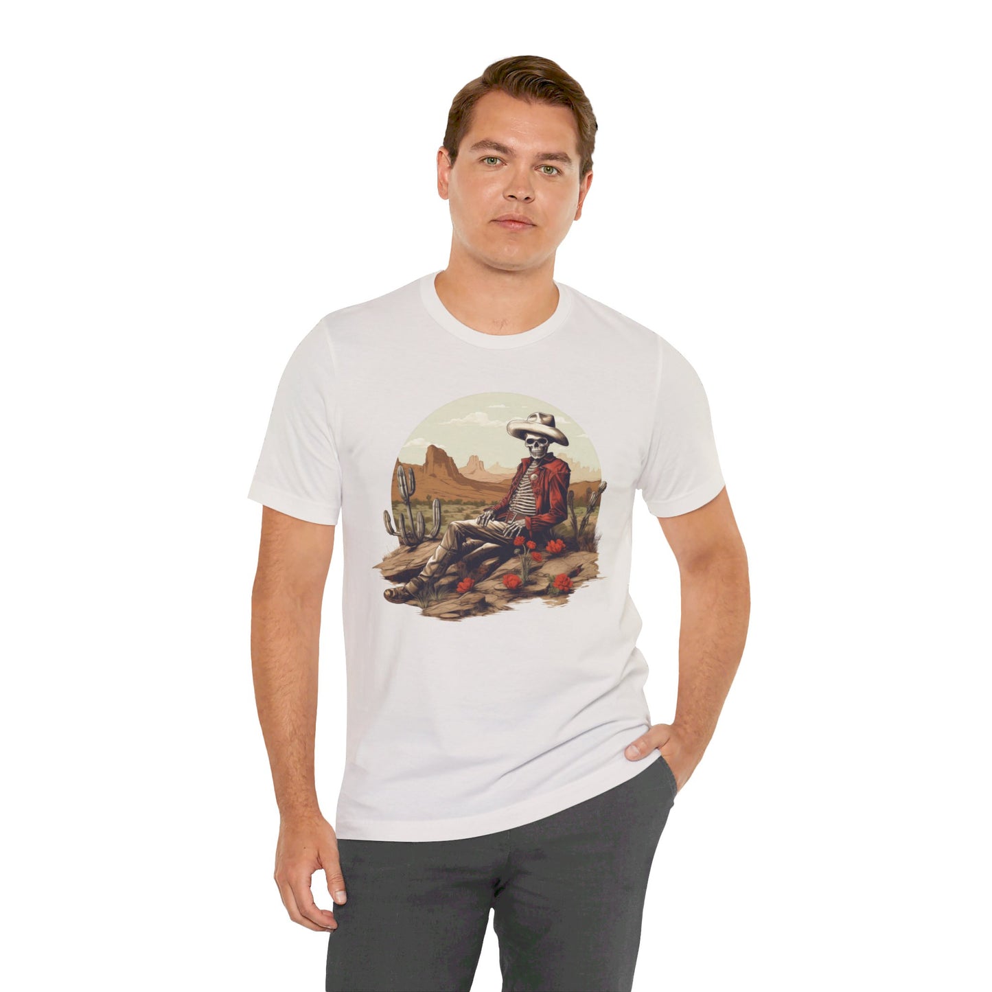 Skeleton Cowboy in Desert: Red Blazer Bella Canvas T-shirt