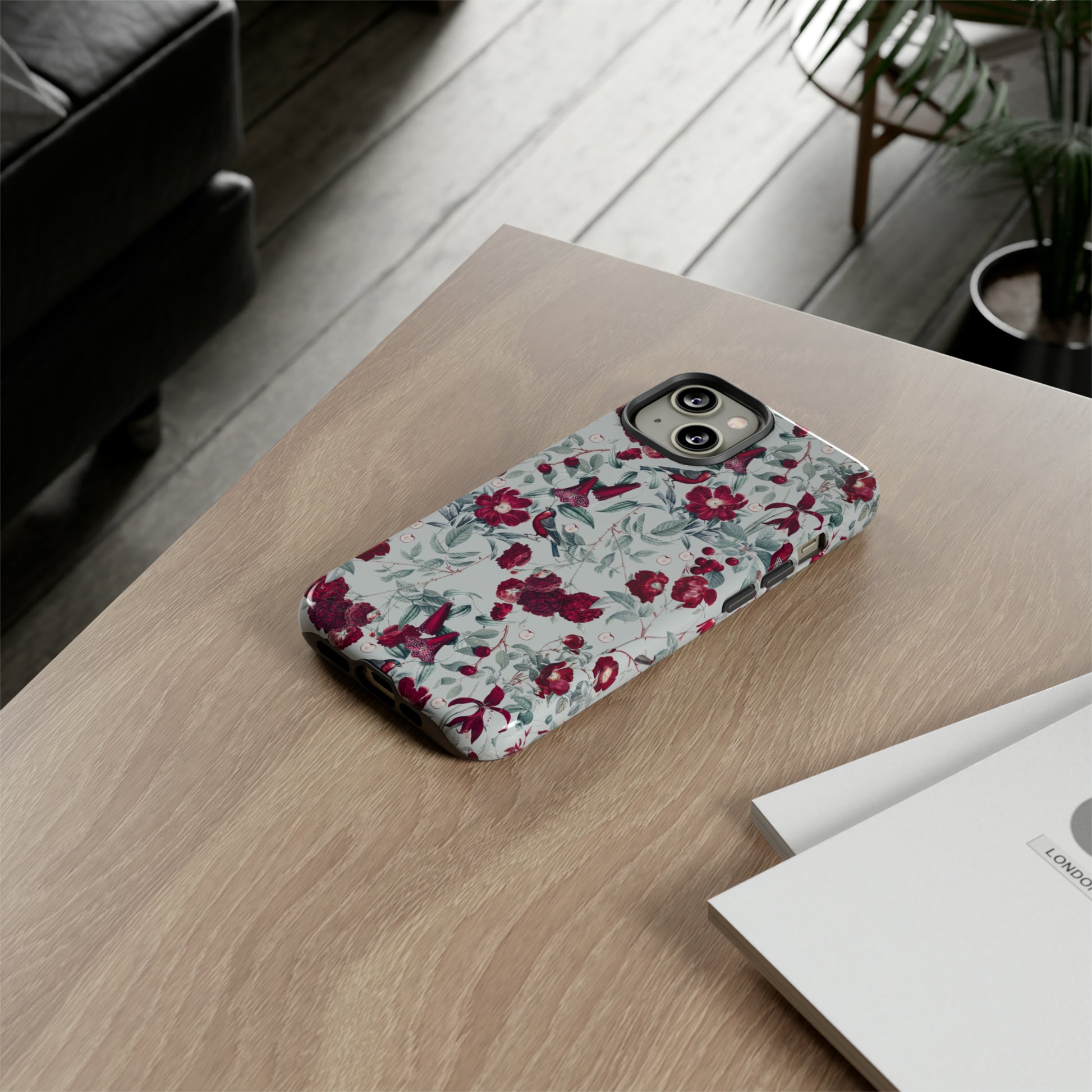 Cherry Blossom Serenade: Cherish nature's beauty with 'Cherry Blossom Serenade.' This iPhone case features flowers and burgundy birds on a blue background, creating a captivating floral wildlife bird and flower design. Elevate your device with this enchanting and stylish protective cover. #ElizaSinger #PhoneCase #FloralDesign