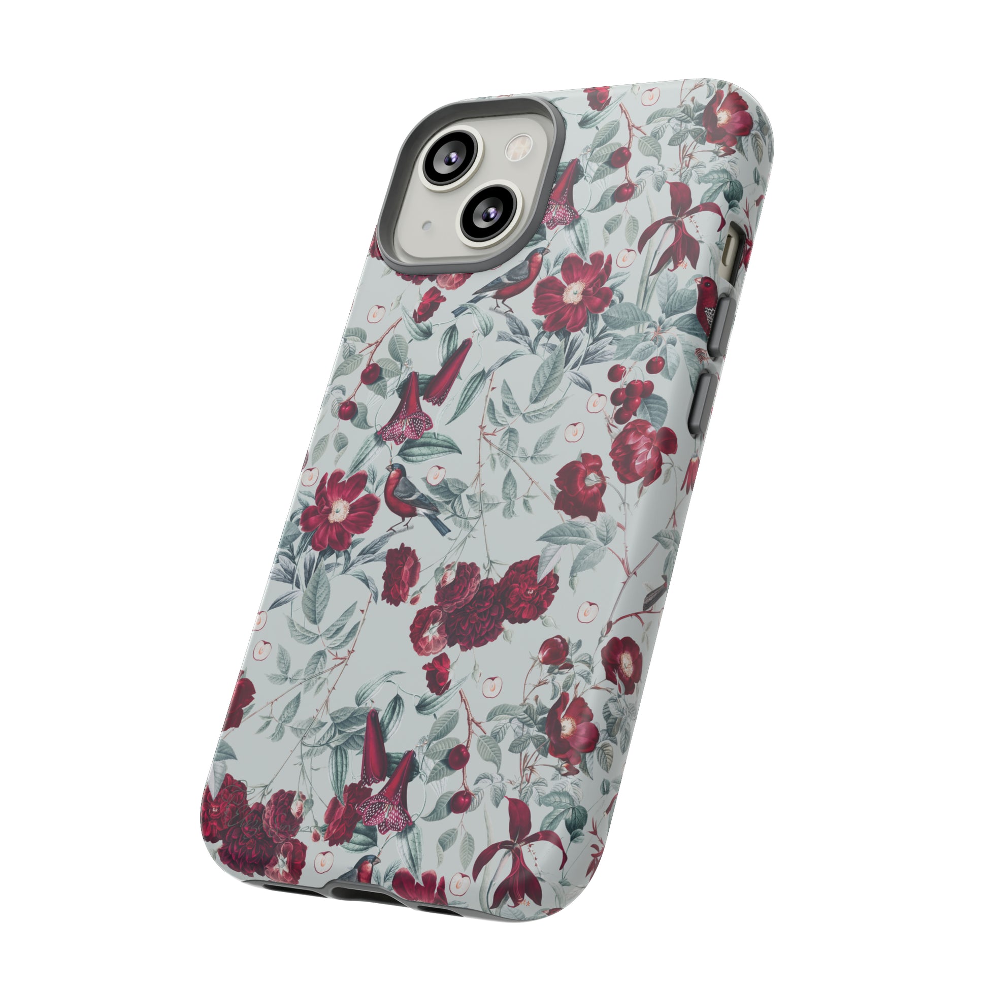 Cherry Blossom Serenade: Cherish nature's beauty with 'Cherry Blossom Serenade.' This iPhone case features flowers and burgundy birds on a blue background, creating a captivating floral wildlife bird and flower design. Elevate your device with this enchanting and stylish protective cover. #ElizaSinger #PhoneCase #FloralDesign