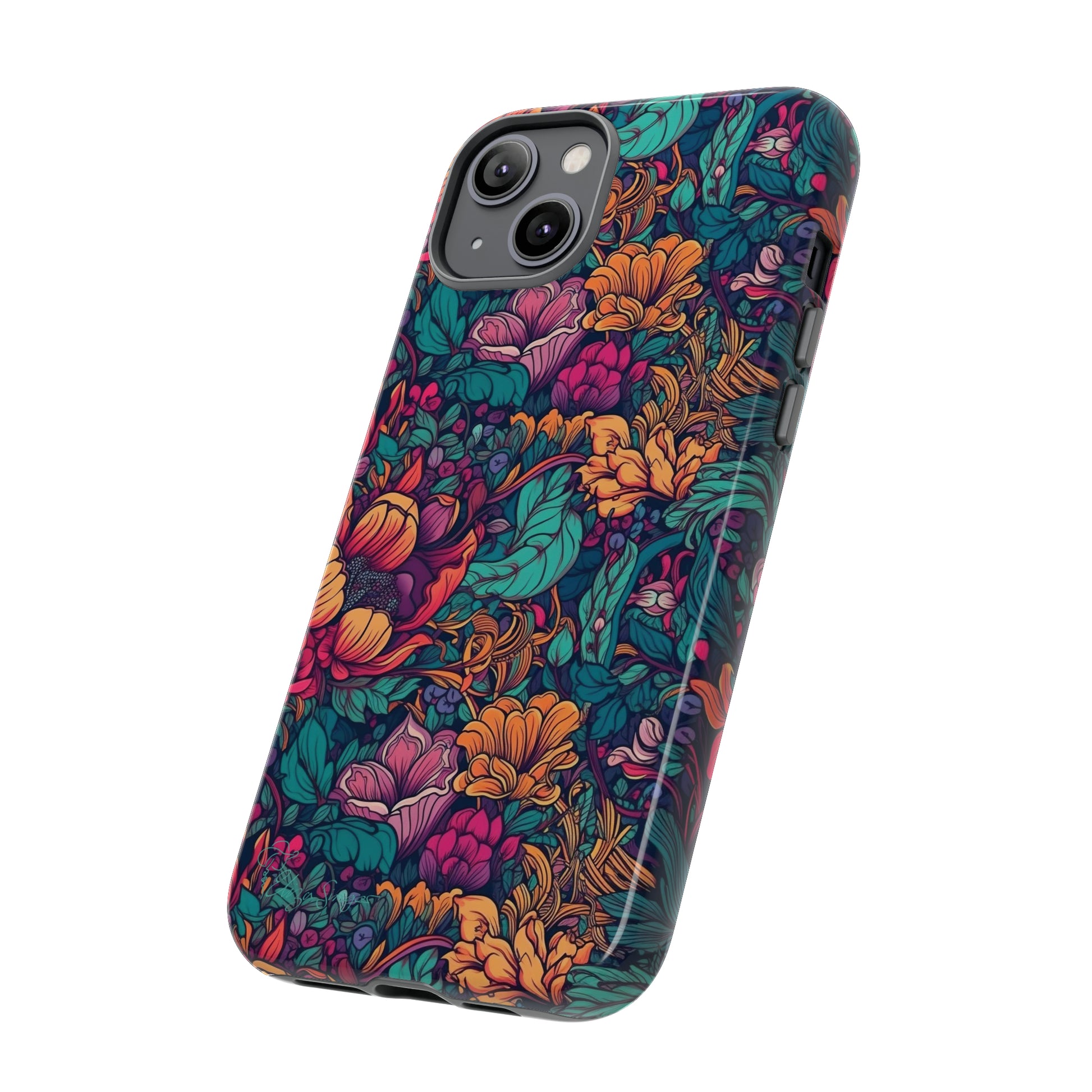 Vibrant Boho Blossoms: iPhone Tough Protective Cover. Featuring a bright abstract floral design, this case adds a touch of Bohemian flair. Compatible with iPhone 15, 14, 13, XS, XR Pro/Max/Mini/P/Plus. Embrace Boho Chic with Style and Durability. #ElizaSinger #PhoneCase #FloralDesign