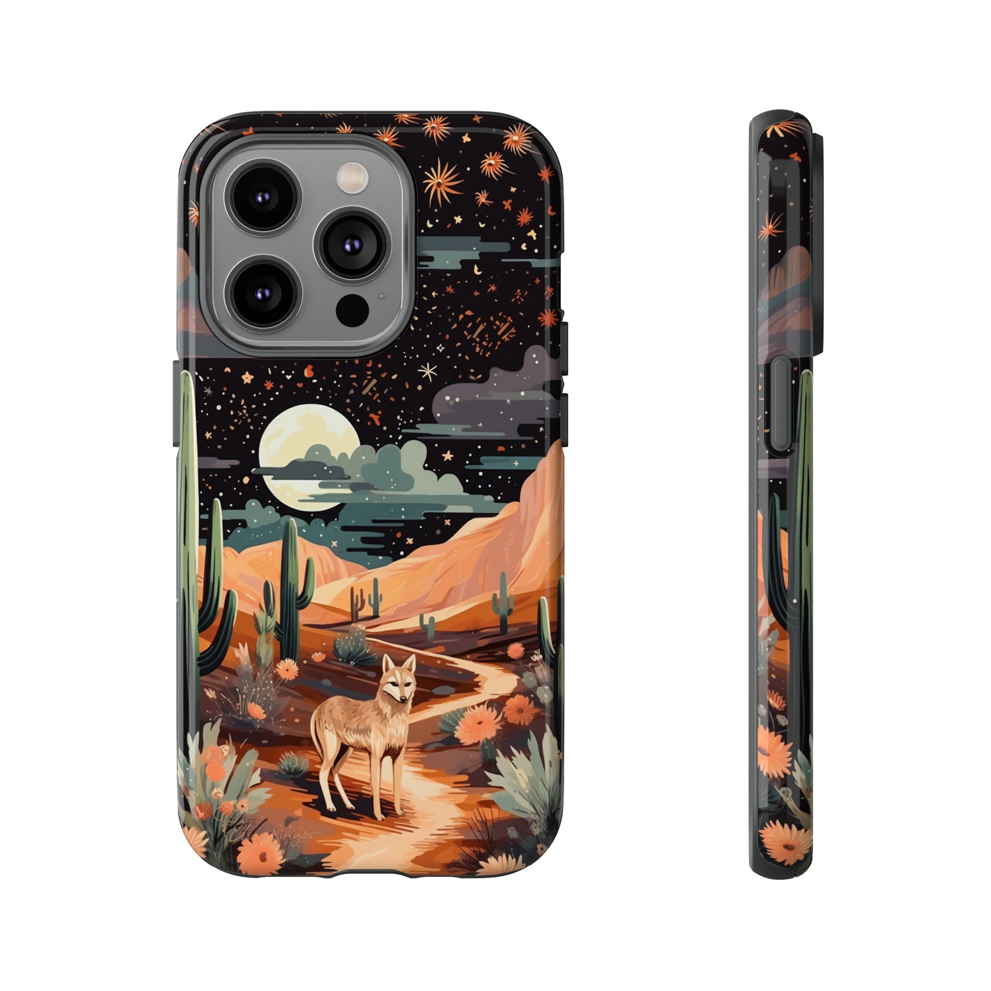 Unveiling our Tough Western Cell Phone Case: Stellar Desert Jackal Edition! Embrace the beauty of the night with a jackal in a desert landscape, under a starry sky, surrounded by cacti. This case provides rugged protection with a touch of celestial elegance.