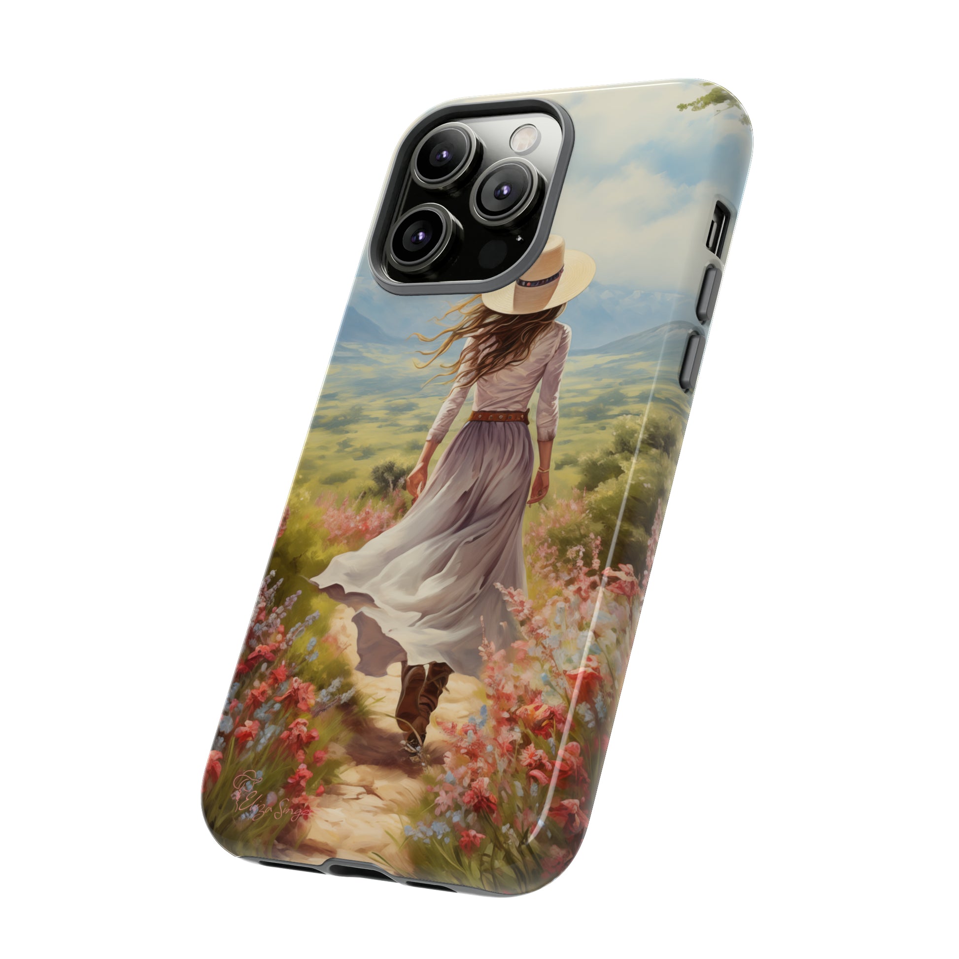 Embrace Whimsical Protection: Tough Western Cell Phone Case by Eliza Singer. Step into a World of Enchantment with a Stylish Woman Amidst Nature's Beauty. Safeguard Your Phone with Artistic Charm. #ElizaSinger #PhoneCase #WesternStyle 