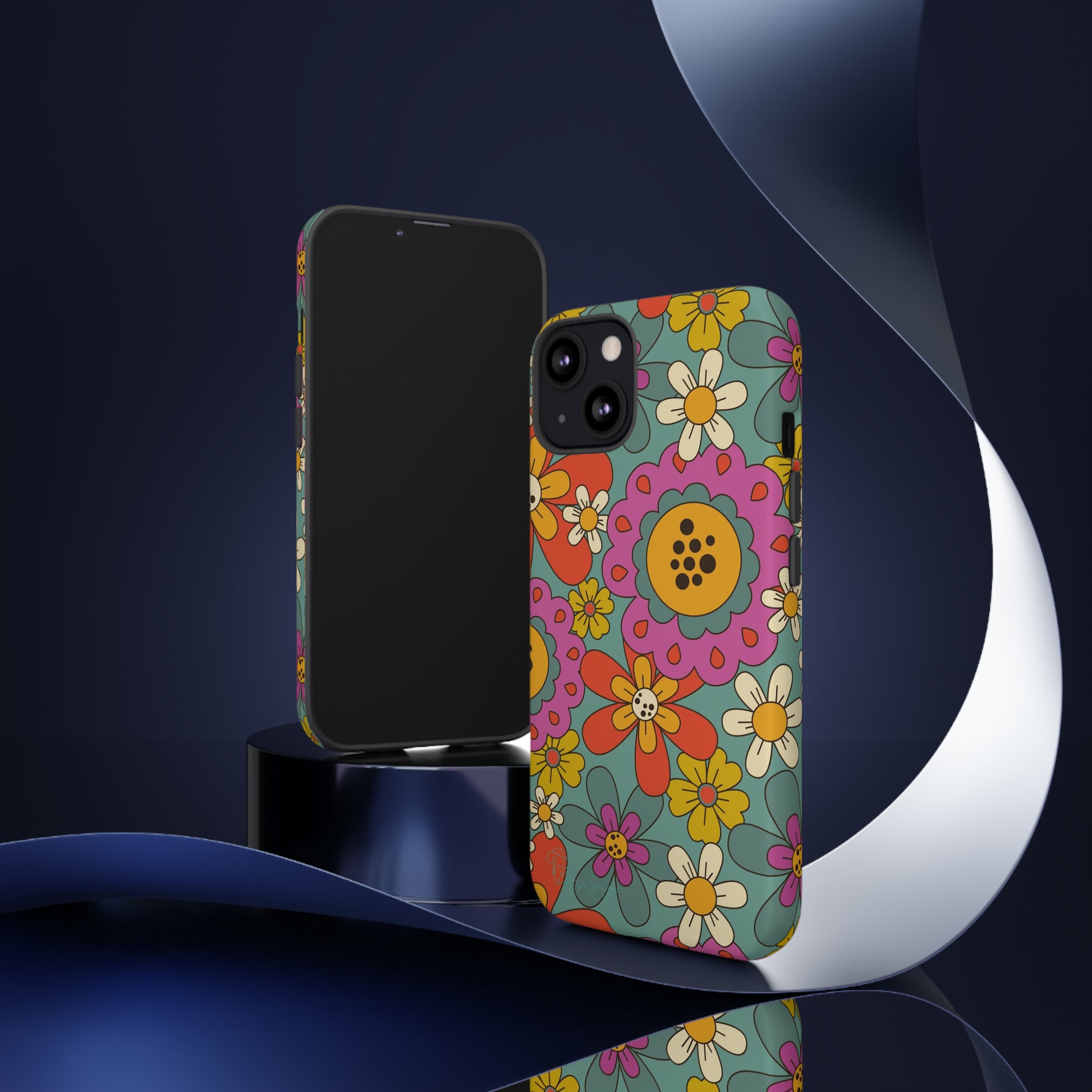 Step into the Groove: Groovy Hippie Hippy Design iPhone Tough Protective Cover. A nod to the 60's with Daisy Design in Turquoise and Pink. Compatible with iPhone 15, 14, 13, XS, XR Pro/Max/Mini/P/Plus. Embrace Retro Vibes with Style and Durability. #ElizaSinger #PhoneCase #GroovyDesign 