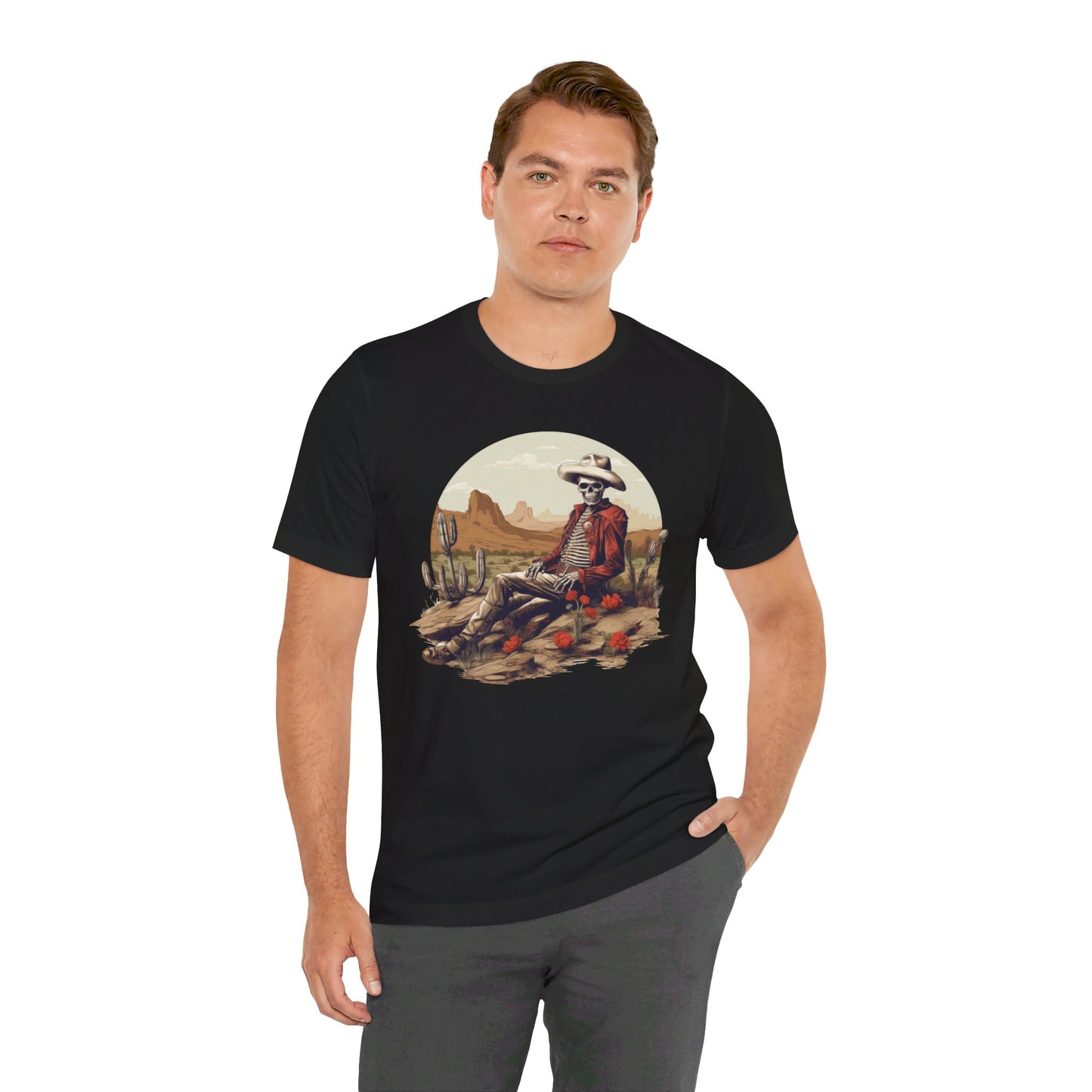 Skeleton Cowboy in Desert: Red Blazer Bella Canvas T-shirt