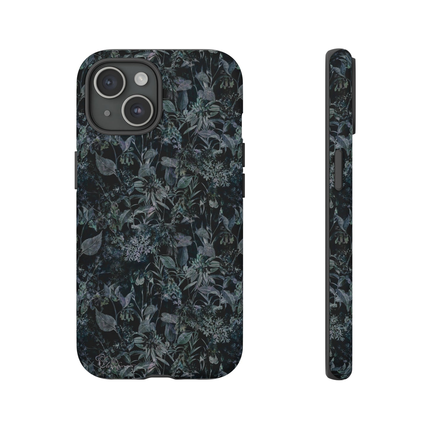 Blossom in Style: Botany Floral Dark Flowers Blue Denim iPhone Tough Protective Cover. This case features a Flower and Muted Grey Design, compatible with iPhone 15, 14, 13, XS, XR Pro/Max/Mini/P/Plus. Unleash Nature's Beauty with Style and Durability. #ElizaSinger #PhoneCase #FloralDesign