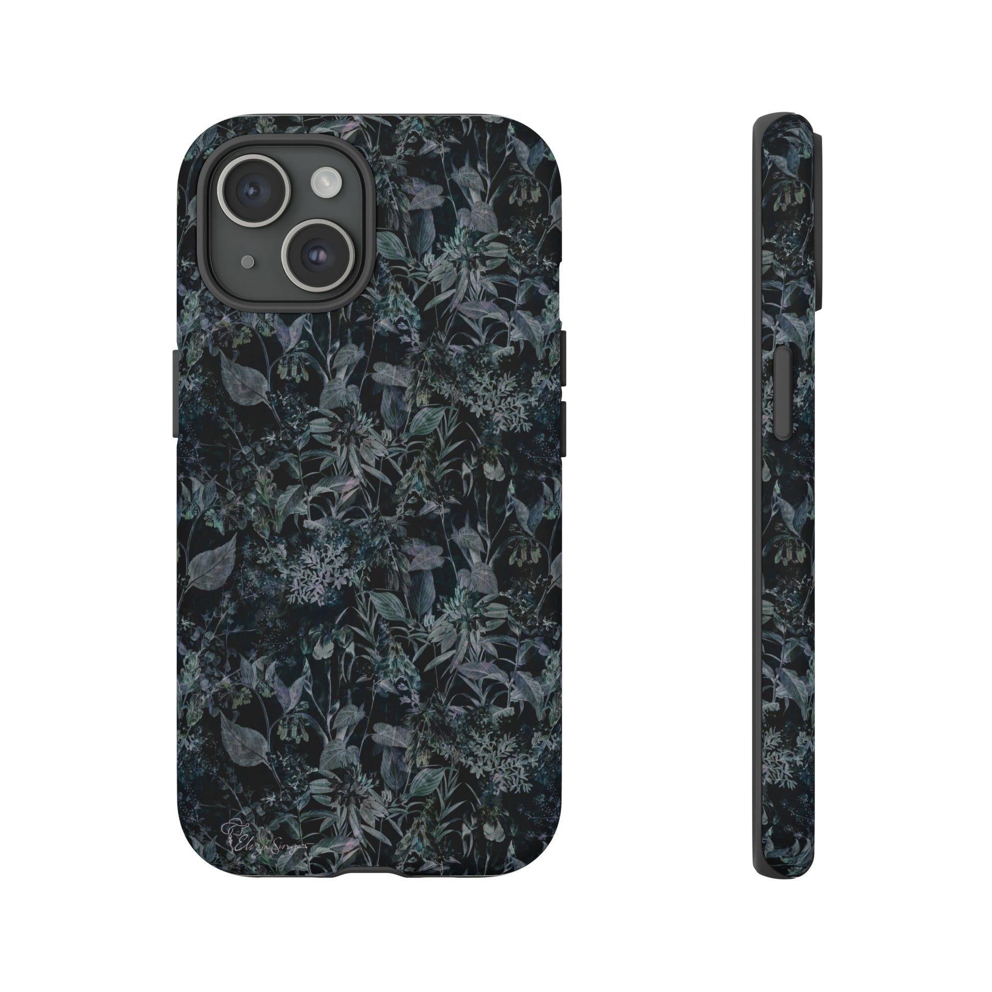 Blossom in Style: Botany Floral Dark Flowers Blue Denim iPhone Tough Protective Cover. This case features a Flower and Muted Grey Design, compatible with iPhone 15, 14, 13, XS, XR Pro/Max/Mini/P/Plus. Unleash Nature's Beauty with Style and Durability. #ElizaSinger #PhoneCase #FloralDesign