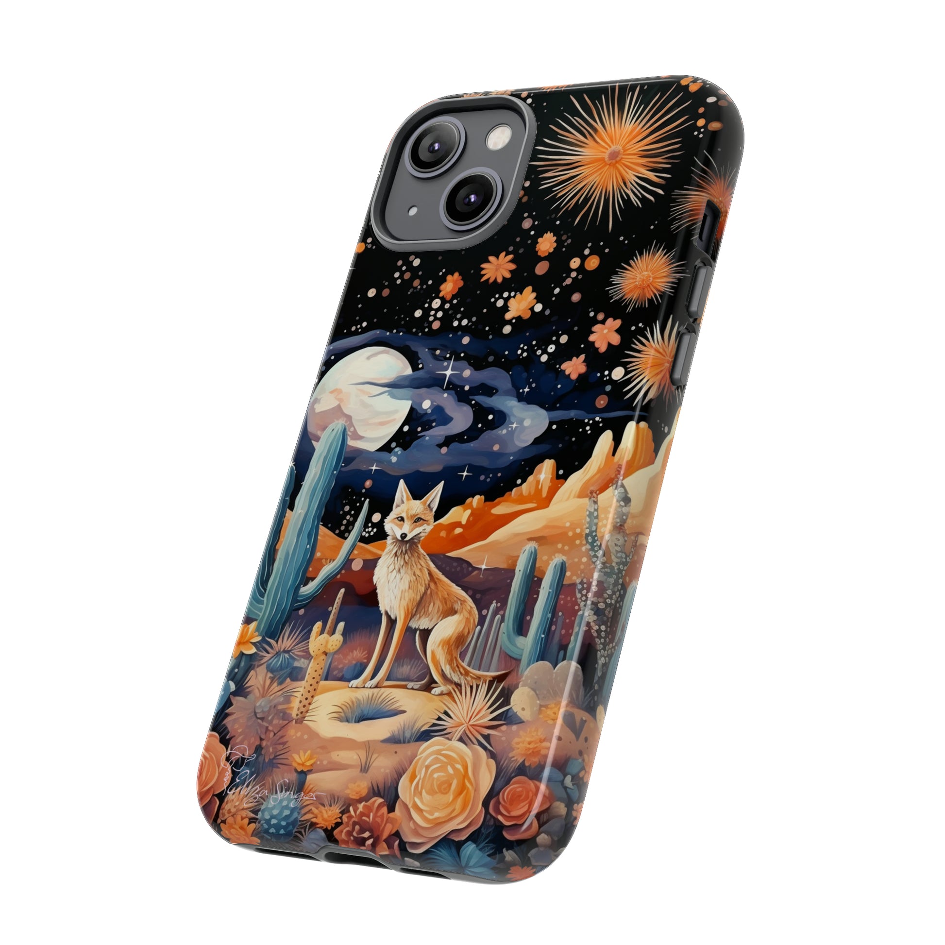 Introducing our Tough Western Cell Phone Case: Midnight Mirage Jackal Edition! Dive into the mysterious desert night with a striking depiction of a jackal, cacti, and a starry sky. This design offers the ideal combination of durability and desert charm.