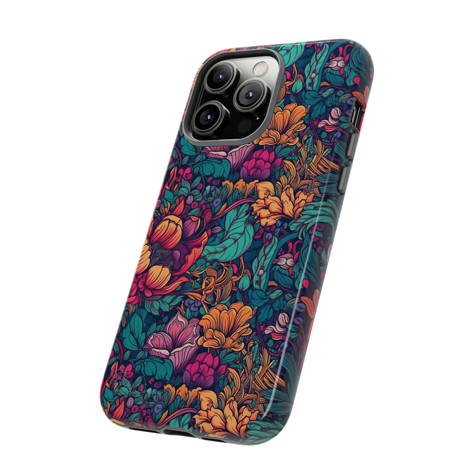 Vibrant Boho Blossoms: iPhone Tough Protective Cover. Featuring a bright abstract floral design, this case adds a touch of Bohemian flair. Compatible with iPhone 15, 14, 13, XS, XR Pro/Max/Mini/P/Plus. Embrace Boho Chic with Style and Durability. #ElizaSinger #PhoneCase #FloralDesign