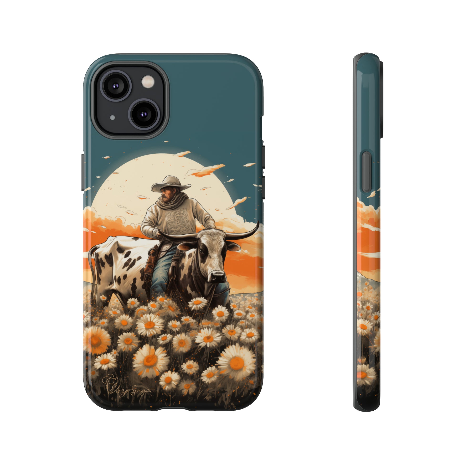 Harmony of Contrasts: Dive into our Tough Cell Phone Case, a visual symphony featuring a bullrider on a black and white dairy cow amidst a vibrant field of flowers. This edition effortlessly merges toughness with artistic flair, offering a unique and captivating contrast. Elevate your phone with rugged elegance. #ElizaSinger #PhoneCase #ContrastHarmony