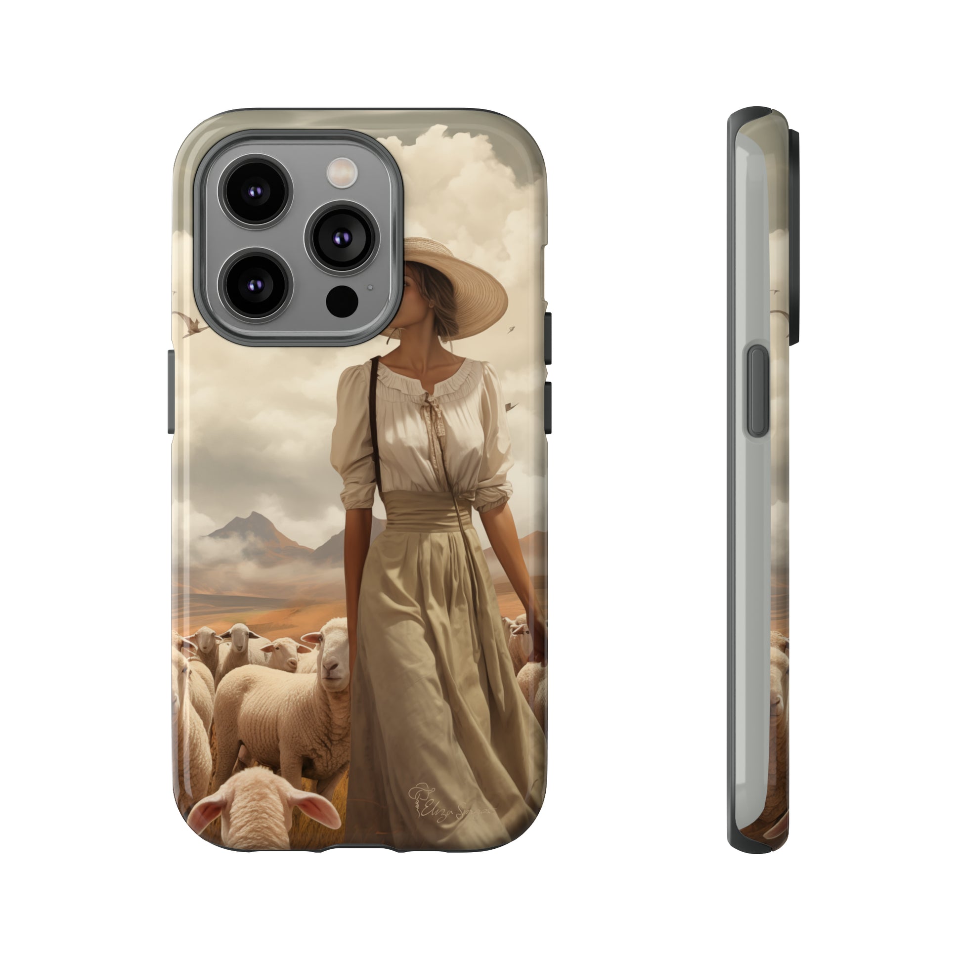 Immerse yourself in a dreamy landscape with our Tough Western Cell Phone Case showcasing a vintage painted design of a woman wearing a hat, walking through a prairie landscape with sheep behind her. Experience the magic of the past with this edition.