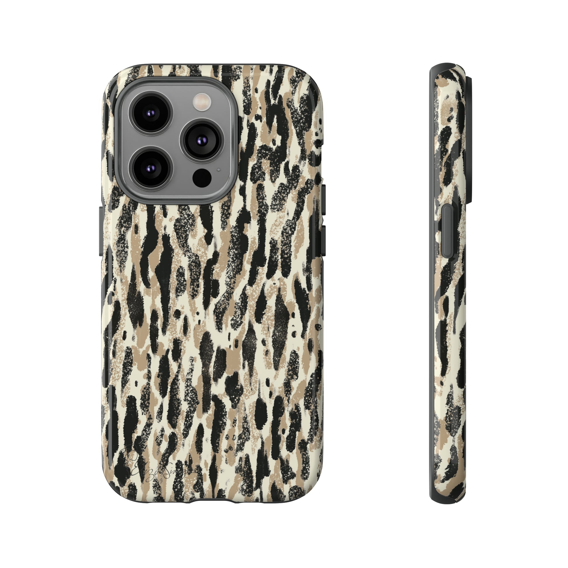 Elevate Your Tech: Abstract Neutral Animal Print iPhone Tough Protective Cover. Leopard-Painted Design in Beige and Black. Compatible with iPhone 15, 14, 13, XS, XR Pro/Max/Mini/P/Plus. Unleash the Wild with Style and Durability. #ElizaSinger #PhoneCase #LeopardPrint 