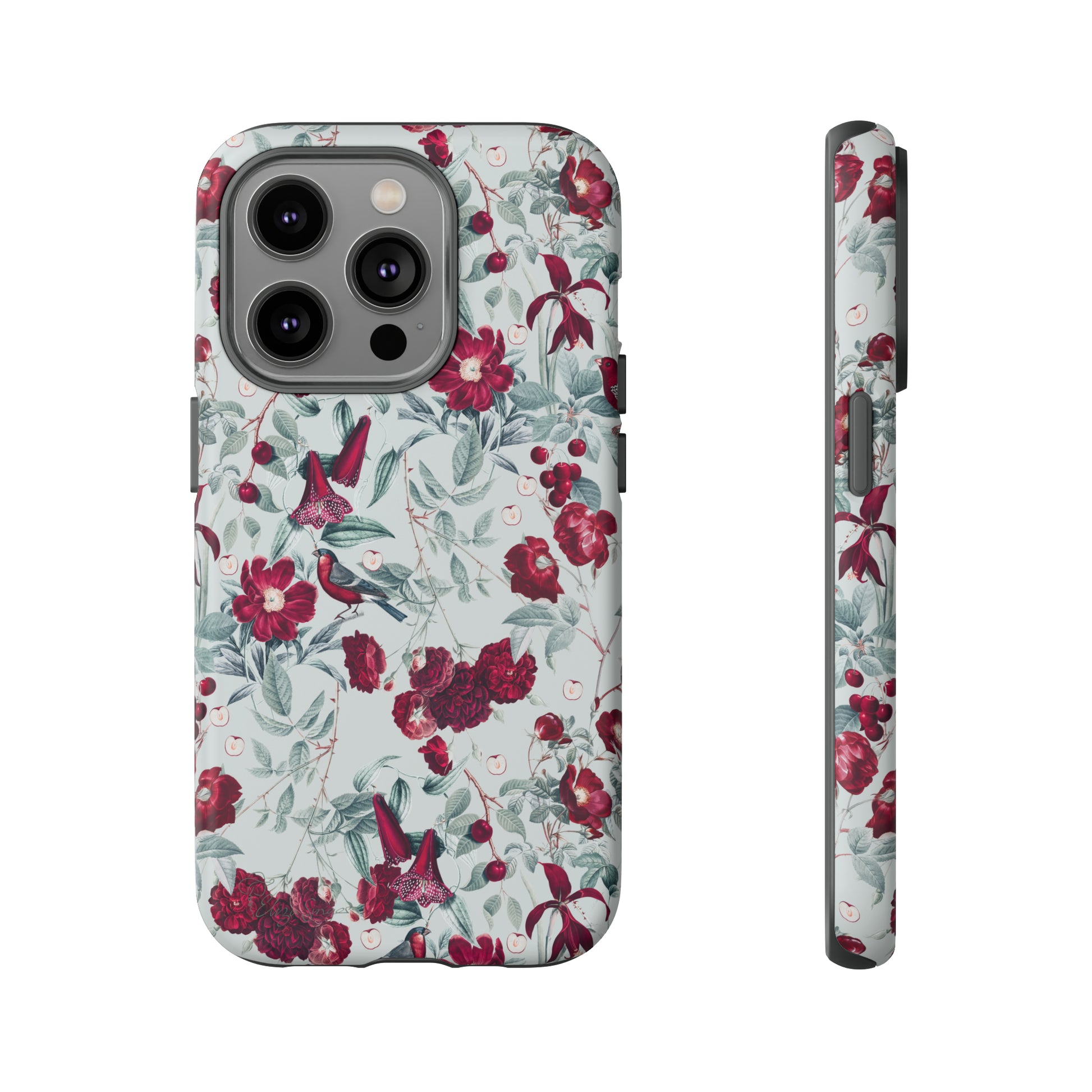 Cherry Blossom Serenade: Cherish nature's beauty with 'Cherry Blossom Serenade.' This iPhone case features flowers and burgundy birds on a blue background, creating a captivating floral wildlife bird and flower design. Elevate your device with this enchanting and stylish protective cover. #ElizaSinger #PhoneCase #FloralDesign