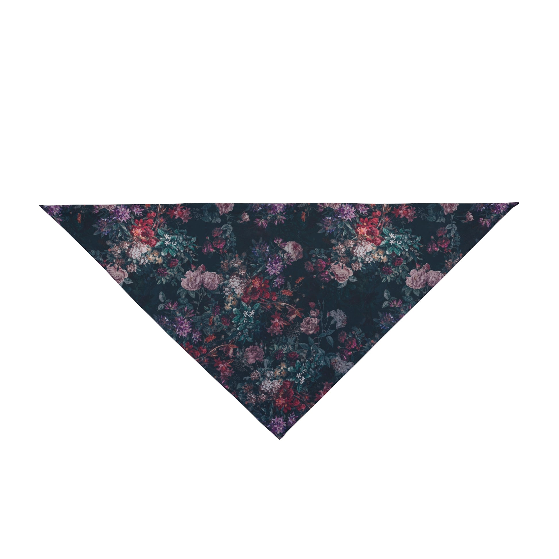 Take your pup on a journey through a Moody English Garden with our Dog Bandana/Wild Rag. Muted English garden style flowers in rich colors on a dark background create an elegant and sophisticated look. Crafted from soft-spun polyester, this wild rag ensures comfort and style. Also available for humans, exclusively at Eliza Singer. 