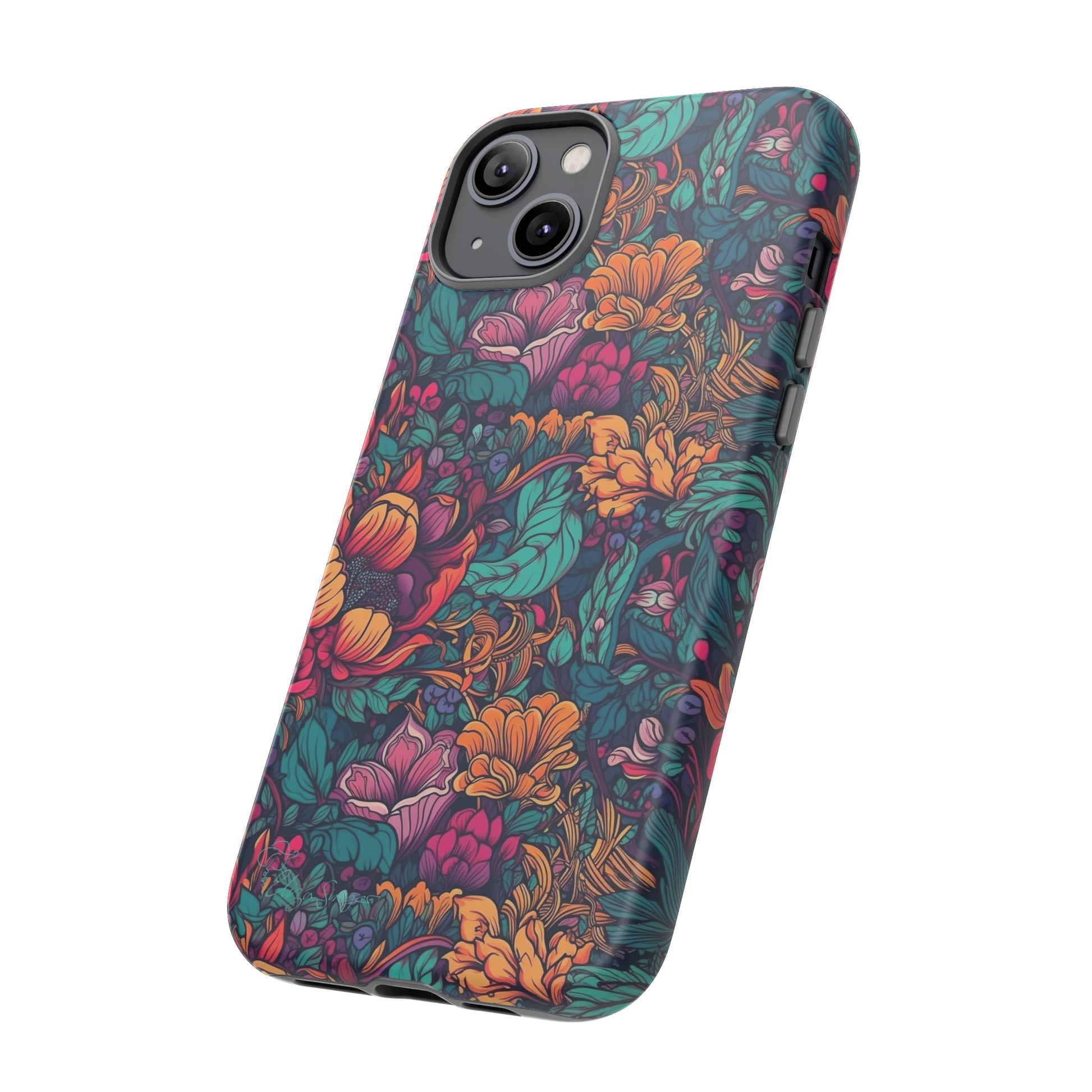 Vibrant Boho Blossoms: iPhone Tough Protective Cover. Featuring a bright abstract floral design, this case adds a touch of Bohemian flair. Compatible with iPhone 15, 14, 13, XS, XR Pro/Max/Mini/P/Plus. Embrace Boho Chic with Style and Durability. #ElizaSinger #PhoneCase #FloralDesign