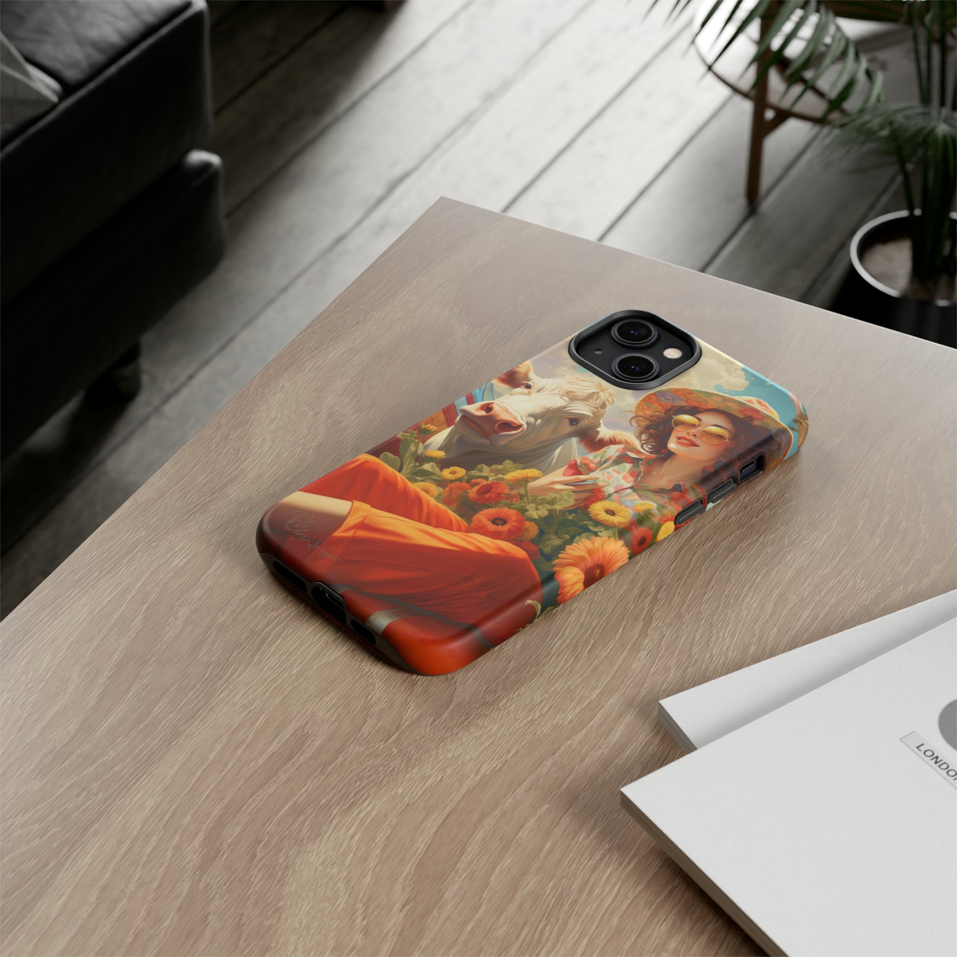 Timeless Retro Charm: Step back in time with our Tough Western Cell Phone Case. Featuring a vintage and bright design, a woman in a hat with daisies is accompanied by a cow looking over her shoulder. Experience the perfect blend of retro aesthetics and durability. Elevate your style with a touch of nostalgia. #ElizaSinger #PhoneCase #RetroStyle 