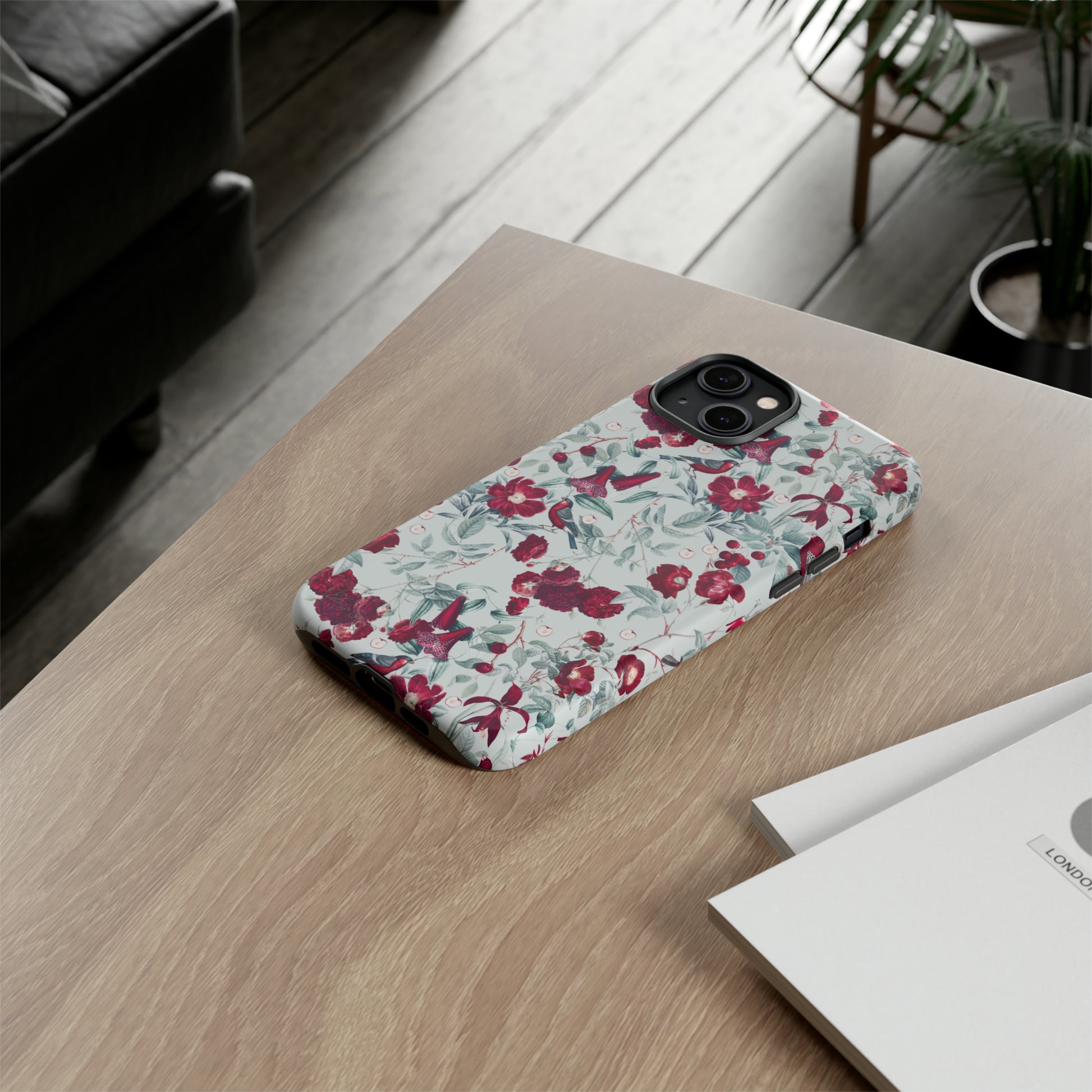Cherry Blossom Serenade: Cherish nature's beauty with 'Cherry Blossom Serenade.' This iPhone case features flowers and burgundy birds on a blue background, creating a captivating floral wildlife bird and flower design. Elevate your device with this enchanting and stylish protective cover. #ElizaSinger #PhoneCase #FloralDesign