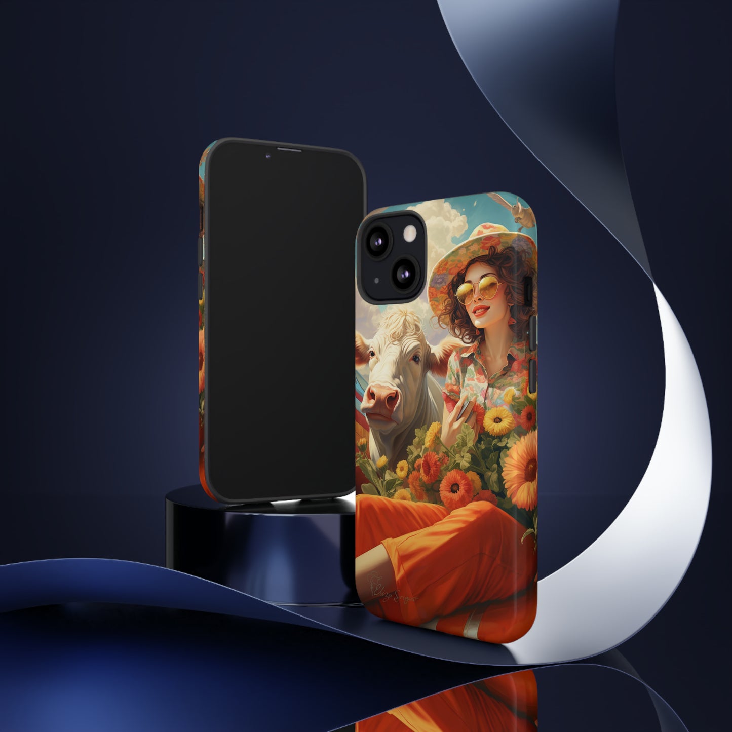 Timeless Retro Charm: Step back in time with our Tough Western Cell Phone Case. Featuring a vintage and bright design, a woman in a hat with daisies is accompanied by a cow looking over her shoulder. Experience the perfect blend of retro aesthetics and durability. Elevate your style with a touch of nostalgia. #ElizaSinger #PhoneCase #RetroStyle 