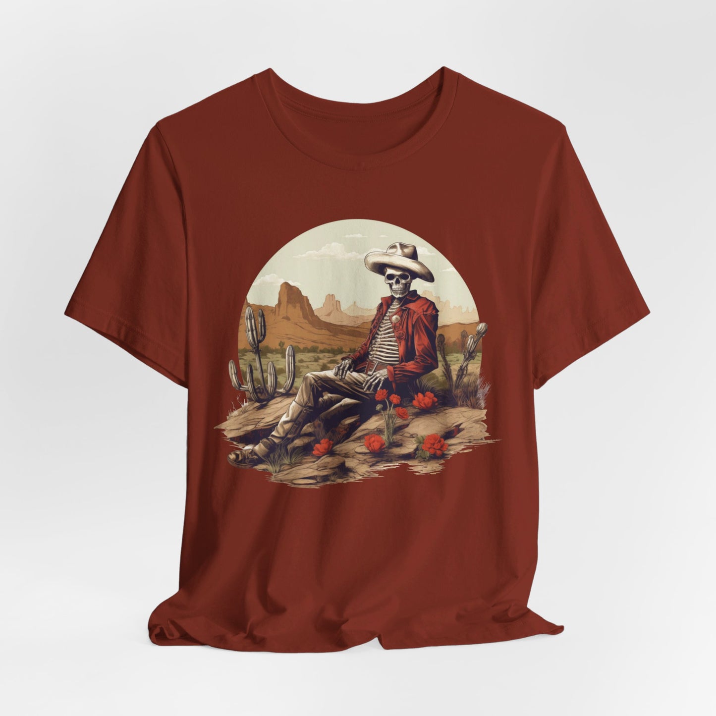 Skeleton Cowboy in Desert: Red Blazer Bella Canvas T-shirt