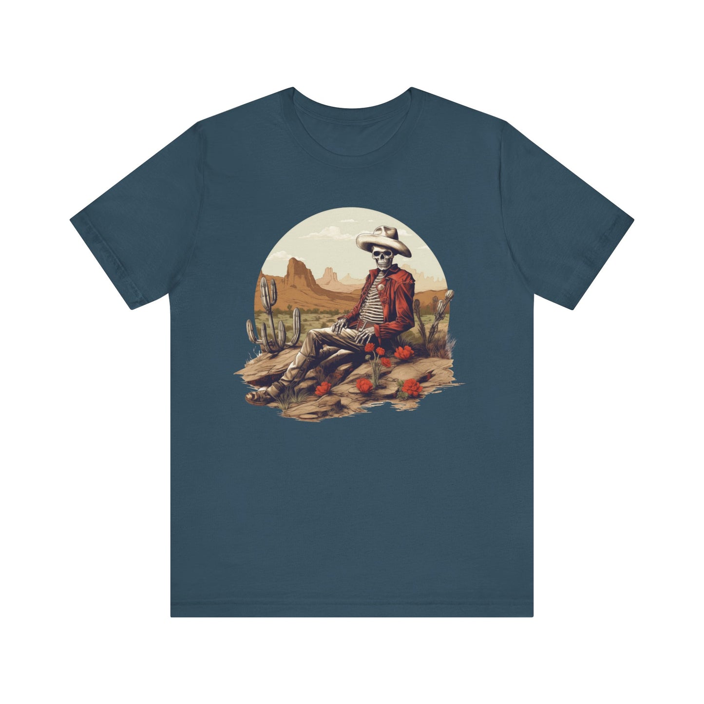 Skeleton Cowboy in Desert: Red Blazer Bella Canvas T-shirt