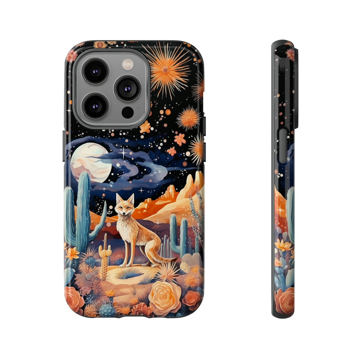 Introducing our Tough Western Cell Phone Case: Midnight Mirage Jackal Edition! Dive into the mysterious desert night with a striking depiction of a jackal, cacti, and a starry sky. This design offers the ideal combination of durability and desert charm.