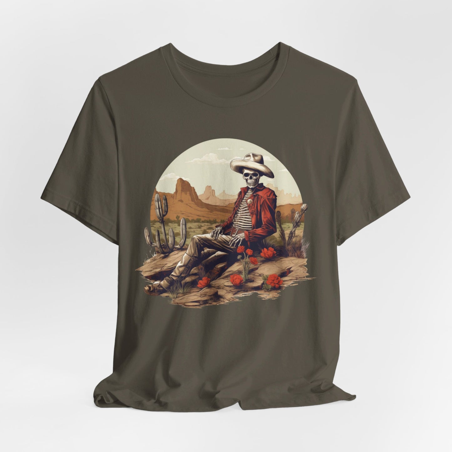 Skeleton Cowboy in Desert: Red Blazer Bella Canvas T-shirt