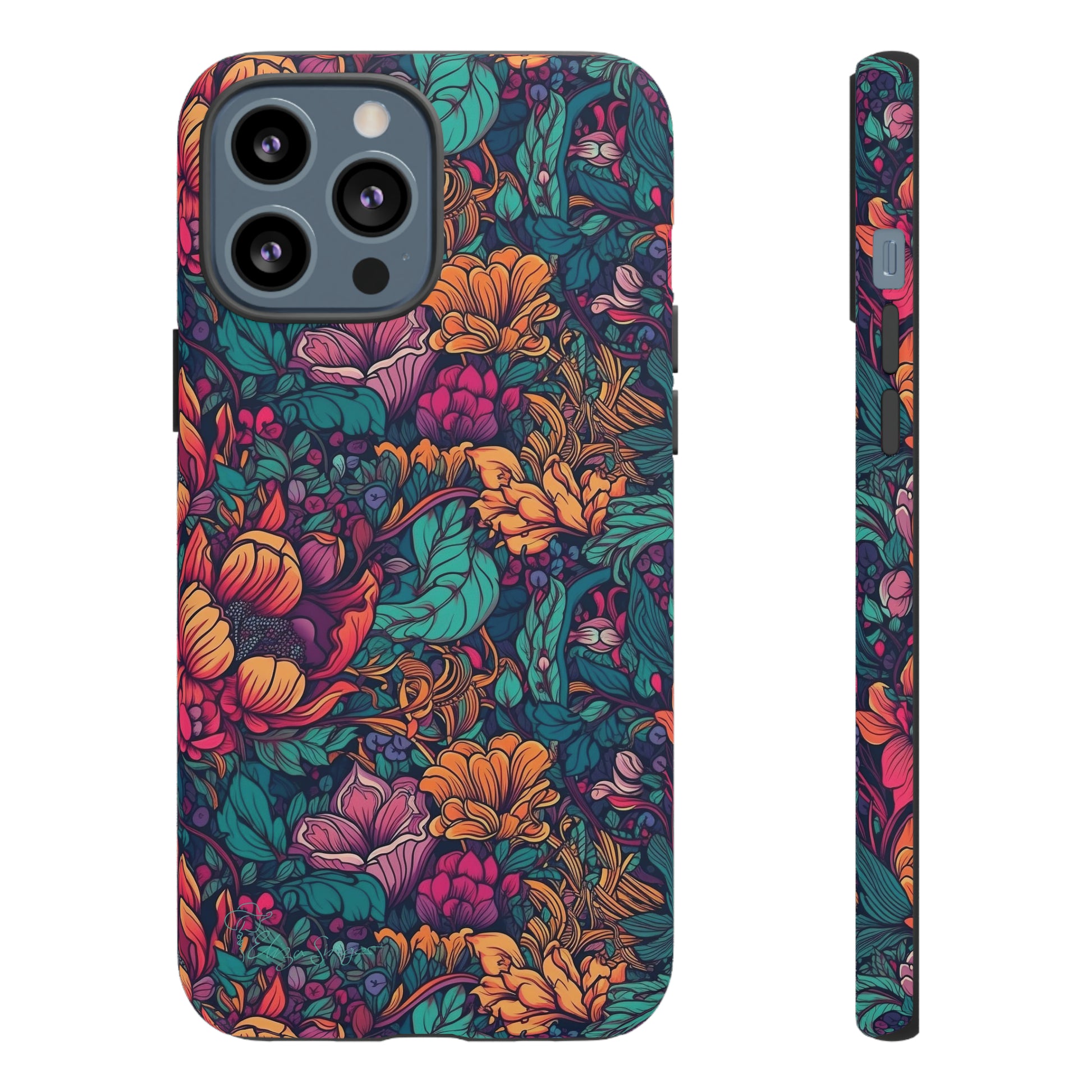 Vibrant Boho Blossoms: iPhone Tough Protective Cover. Featuring a bright abstract floral design, this case adds a touch of Bohemian flair. Compatible with iPhone 15, 14, 13, XS, XR Pro/Max/Mini/P/Plus. Embrace Boho Chic with Style and Durability. #ElizaSinger #PhoneCase #FloralDesign