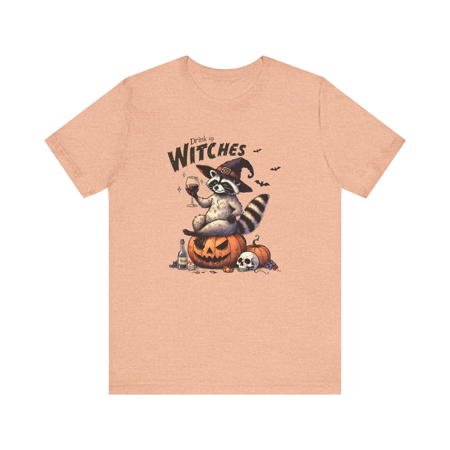 Drink Up Witches: Halloween Bella Canvas T-shirt with Raccoon