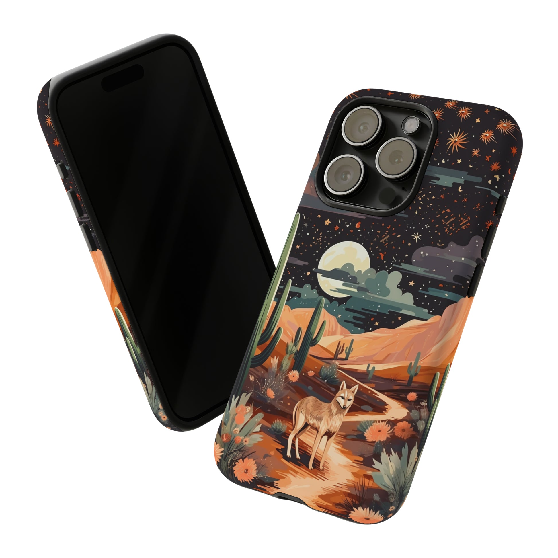 Introducing our Tough Western Cell Phone Case: Twilight Desert Jackal Remix Edition! A variation of our popular design, this edition features a jackal in a desert landscape with a starry night sky and cacti. Get ready for a unique twist on classic rugged protection.