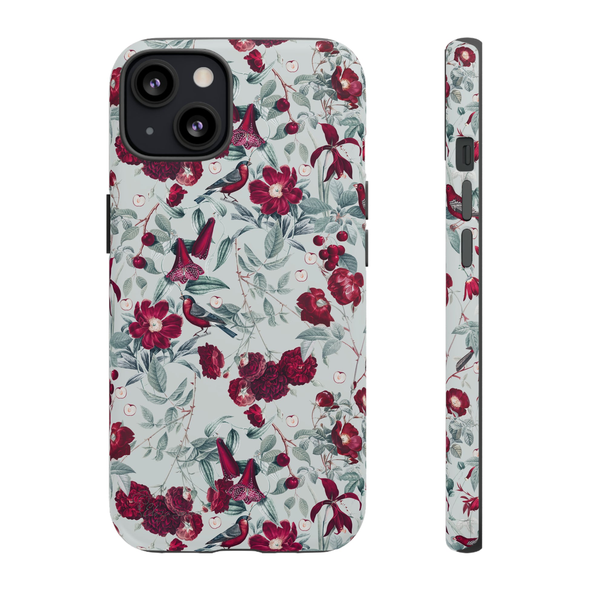 Cherry Blossom Serenade: Cherish nature's beauty with 'Cherry Blossom Serenade.' This iPhone case features flowers and burgundy birds on a blue background, creating a captivating floral wildlife bird and flower design. Elevate your device with this enchanting and stylish protective cover. #ElizaSinger #PhoneCase #FloralDesign