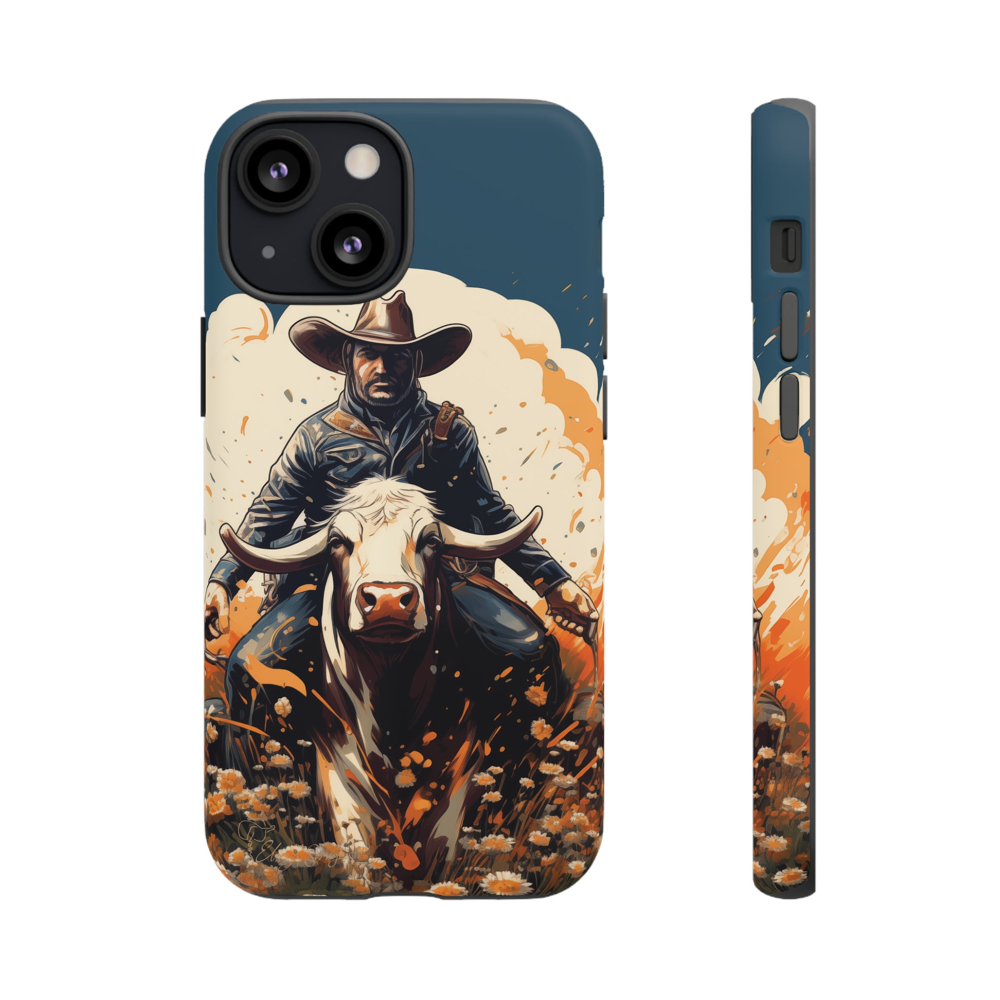 Time-Tested Charm: Immerse yourself in the charm of yesteryear with our Tough Cell Phone Case. Featuring a cowboy on a cow in a field of flowers, this design exudes retro vibes. Experience the perfect blend of vintage style and durable protection. Elevate your phone with a touch of timeless allure. #ElizaSinger #PhoneCase #VintageCharm