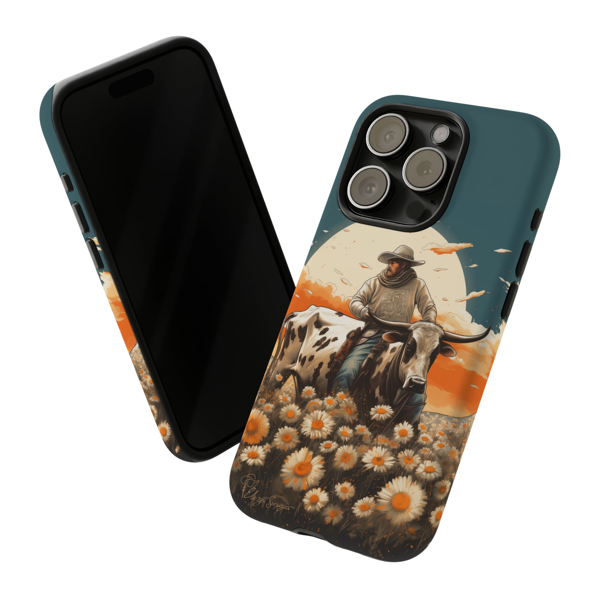 Harmony of Contrasts: Dive into our Tough Cell Phone Case, a visual symphony featuring a bullrider on a black and white dairy cow amidst a vibrant field of flowers. This edition effortlessly merges toughness with artistic flair, offering a unique and captivating contrast. Elevate your phone with rugged elegance. #ElizaSinger #PhoneCase #ContrastHarmony