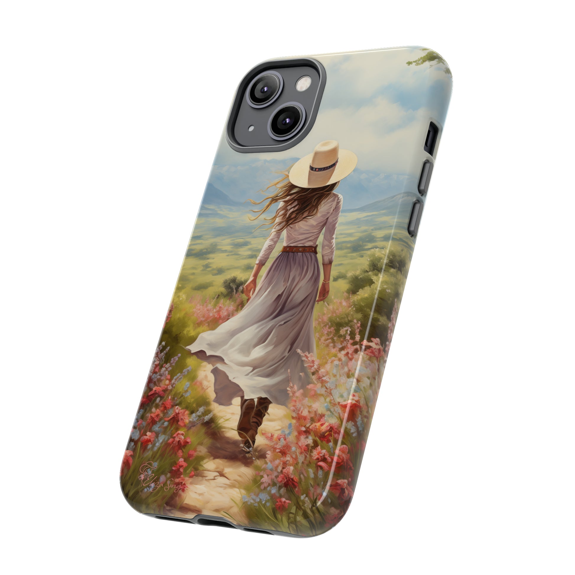 Embrace Whimsical Protection: Tough Western Cell Phone Case by Eliza Singer. Step into a World of Enchantment with a Stylish Woman Amidst Nature's Beauty. Safeguard Your Phone with Artistic Charm. #ElizaSinger #PhoneCase #WesternStyle 